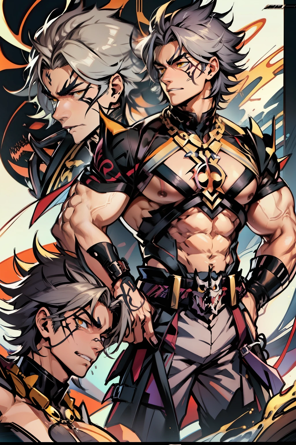 《the original god》Arataki Kazuto , male people,,((Masterpiece)), ((Best quality)), Ultra detailed,((illustration)), Dynamic Angle, Detailed light, (Delicate eyes), Floating, 1boy, Male focus, Head, Clothing, Yellow eyes, necklace, tattoo, (Forehead:0.8), (ahoge:0.8), jewelry, apathy,Ray, chest muscle, Sexy , Venom symbiote for your body, Black mucus of the body , (into venom), Venom,frontage,style of anime4 K, 4K anime wallpaper, Badass anime 8 K, 4 k comic wallpaper, young anime man, Anime boys, Anime wallpapers 4 k, Anime wallpaper 4K, High quality anime art style, Anime moe art style, Anime art wallpaper 8 K, Anime art wallpaper 4 K, RGB lighting
