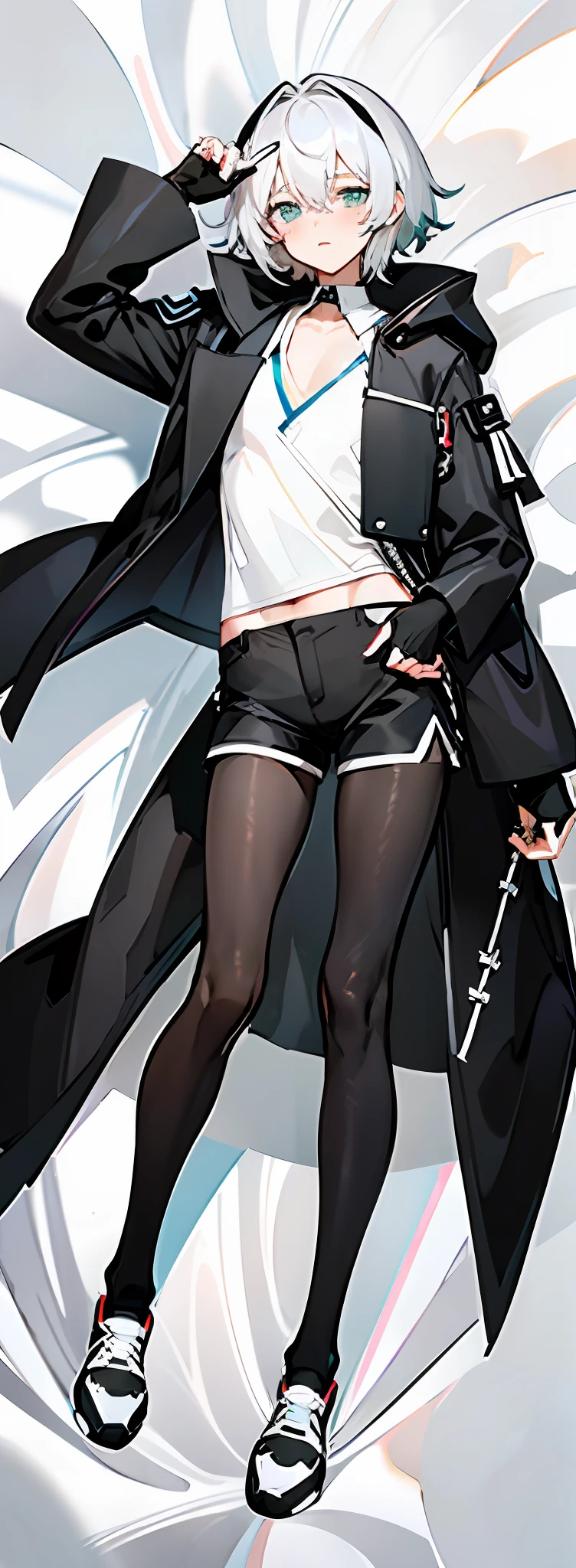 Masterpiece, Best quality,dakimakura, Solo,Boy, Pantyhose, White hair,Short hair, (White shirt:1.4),(Black shorts:1.5), blackfootwear, full bodyesbian, Black pantyhose, shirt, Shorts, Coat, Open coat, view the viewer, Hood, Sneakers, Open clothes, Black coat, (Flat chest:1.7), No breasts,Long sleeves, bangs, Fingerless gloves, Short hair, hair between eye,arms back behind,Lie in bed