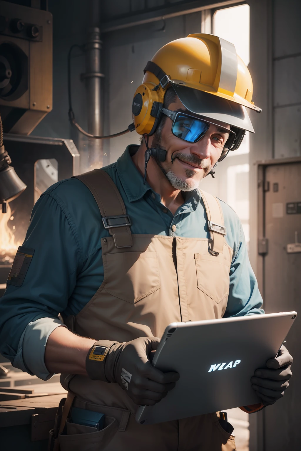 a smiler welder man with a modern tablet on his hand