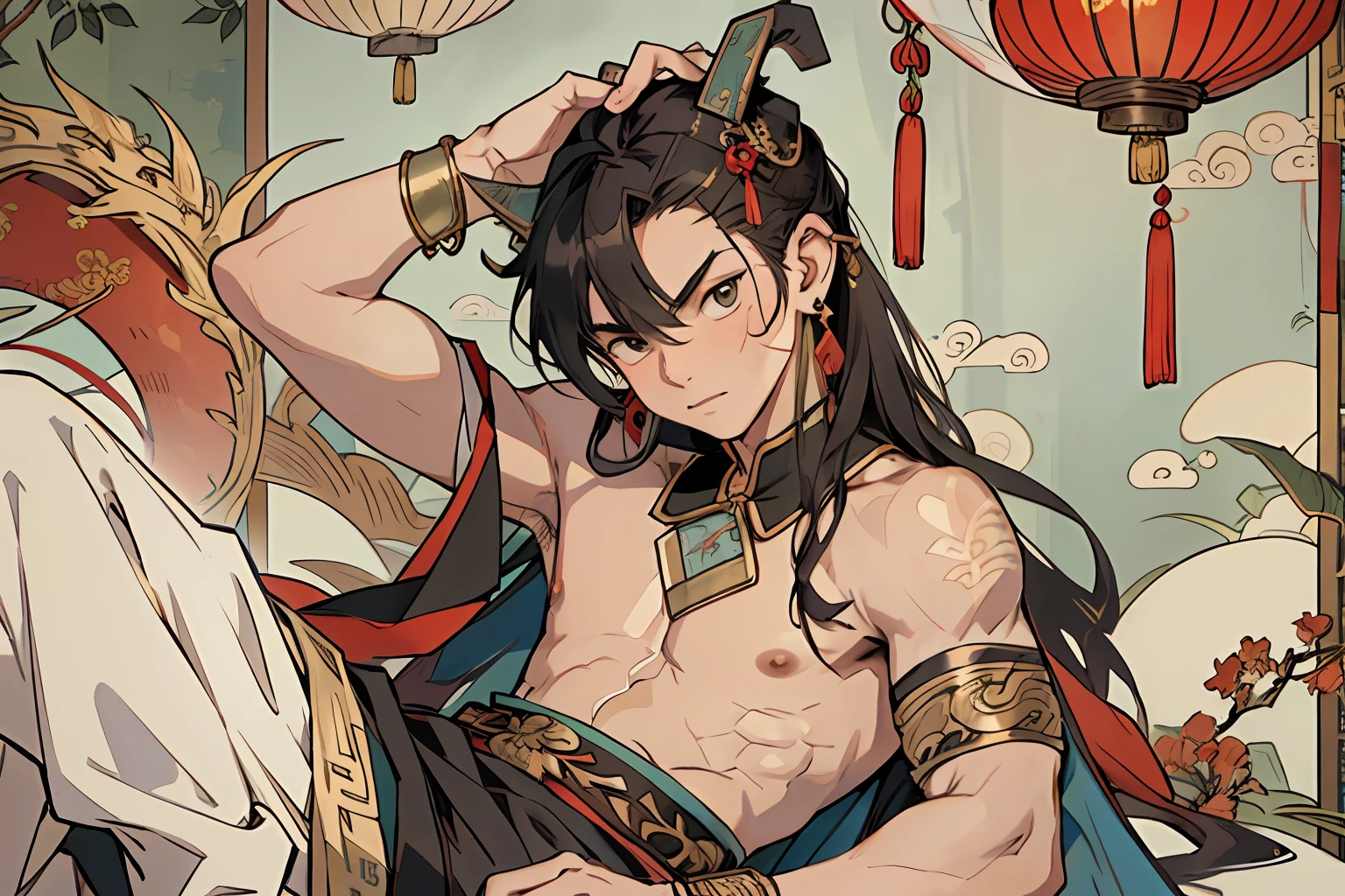 best quality, 4K, solo, (anime: 1.2), (big nipple: 1), (male: 1.5), (((1boy))), (juvenlie: 1.5), (age down: 1.5), a Chinese dragon horn on the head, earrings on the ears, bracelets on the wrists, (metal ankle rings on the ankles: 0.8), ancient Chinese style, (upper body: 0.3), (bare shoulder:0.8), long hair, (fair skin:1.5),