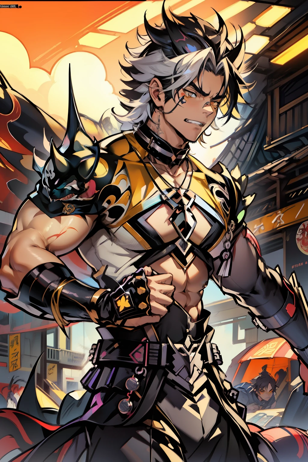 《the original god》Arataki Kazuto , male people，，((Masterpiece)), ((Best quality)), Ultra detailed,((illustration)), Dynamic Angle, Detailed light, (Delicate eyes), Floating, 1boy, Male focus, Head, Clothing, Yellow eyes, necklace, tattoo, (Forehead:0.8), (ahoge:0.8), jewelry, apathy，Ray， chest muscle， Sexy , Venom symbiote for your body, Black mucus of the body , （into venom）, Venom，frontage，style of anime4 K， 4K anime wallpaper， Badass anime 8 K， 4 k comic wallpaper， young anime man， Anime boys， Anime wallpapers 4 k， Anime wallpaper 4K， High quality anime art style， Anime moe art style， Anime art wallpaper 8 K， Anime art wallpaper 4 K， RGB lighting