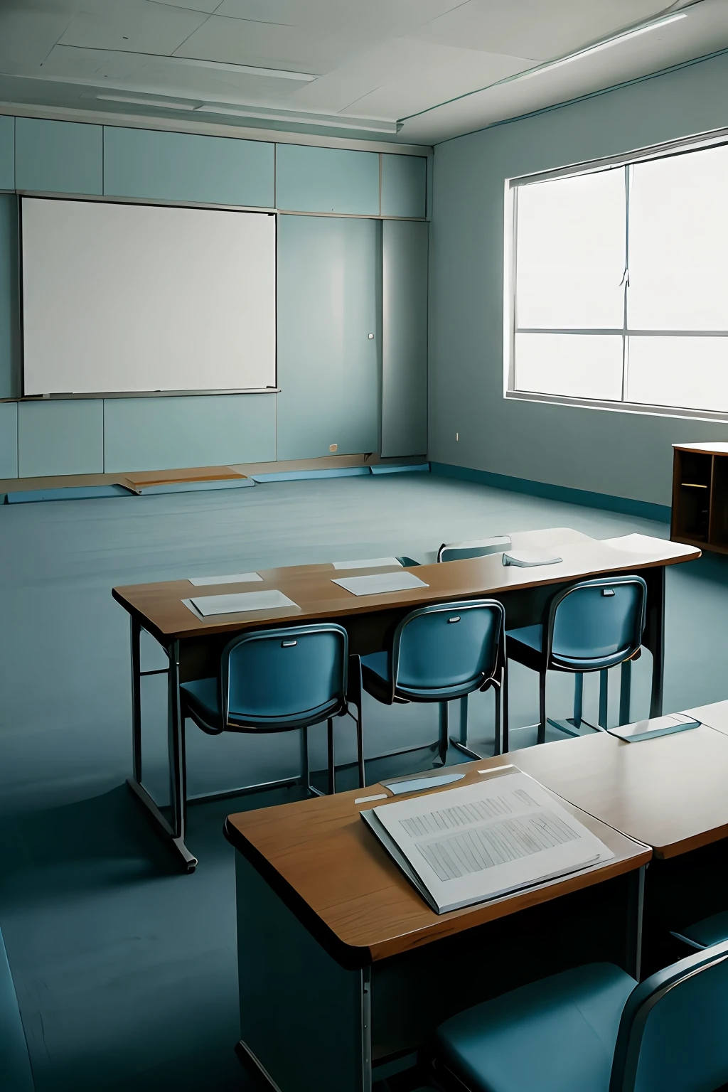 Classroom,The podium is surreal,unnatural,A modest room,There is a screen cloth,pale blue tone