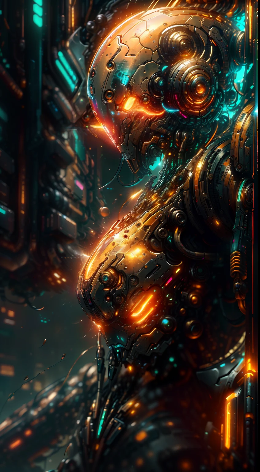 Flesh from DC photography, biomechanics, complex robot, golden Fish logo, full growth, hyper-realistic, crazy little details, incredibly clean lines, cyberpunk aesthetic, masterpiece featured on Zbrush Central, cyberpunk city backdrop