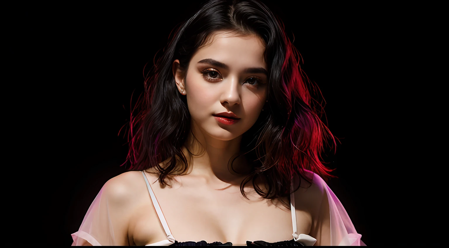 Portrait of ung 20yo woman, dancing, full body, black hair, wearing wonderful shirt, perfect eyebrow, perfect lips, perfect nose, professional color graded, wonderful woman, dark background, cute russian woman
