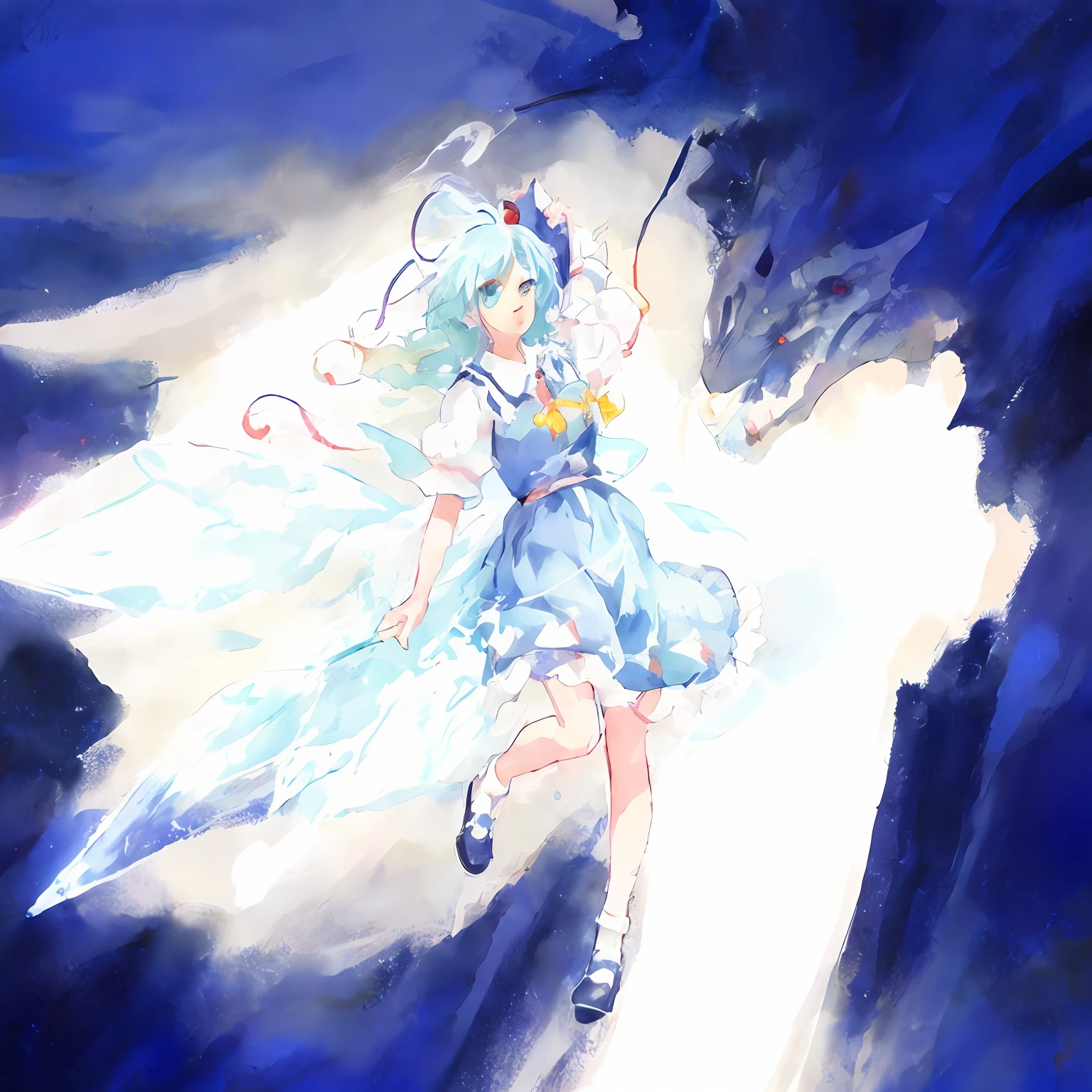 Anime girl with blue hair and dragon tail, from touhou, cirno touhou, touhou character, cirno from touhou, Touhou, touhou project, cirno, touhou project official artwork, an anime portrait of cirno, zerochan art, inspired by Leiko Ikemura, 《Ghost Wind Special Assault Team》The art of pixels, zerochan