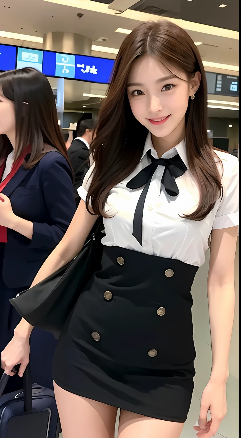 （（best qualtiy，8k，tmasterpiece：1.3））， 1girll， ssmile， full bodyesbian， Slim Faces， Beautiful woman， （dark brown  hair），Stewardess，Professional Dress：1.1， Super detailed face， Detailed eyes， 二重まぶた， blur backgroun， Slim Faces， Inside the airport