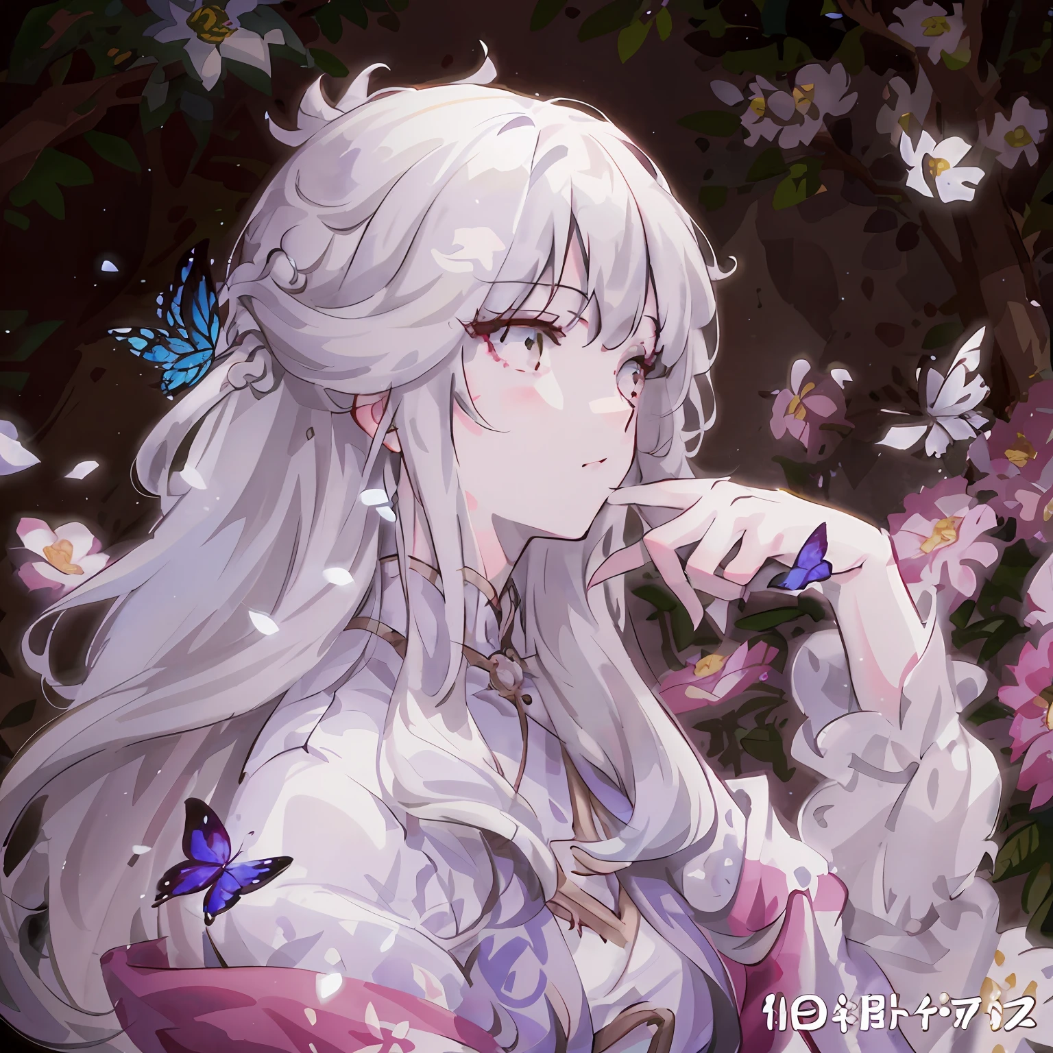 Anime girl with long white hair and butterflies in her hands, white-haired god, Detailed key anime art, Official artwork, offcial art, Guweiz in Pixiv ArtStation, high detailed official artwork, white haired Cangcang, white haired lady, Guviz, White-haired, a beautiful anime portrait, beautiful fantasy anime, Official anime artwork