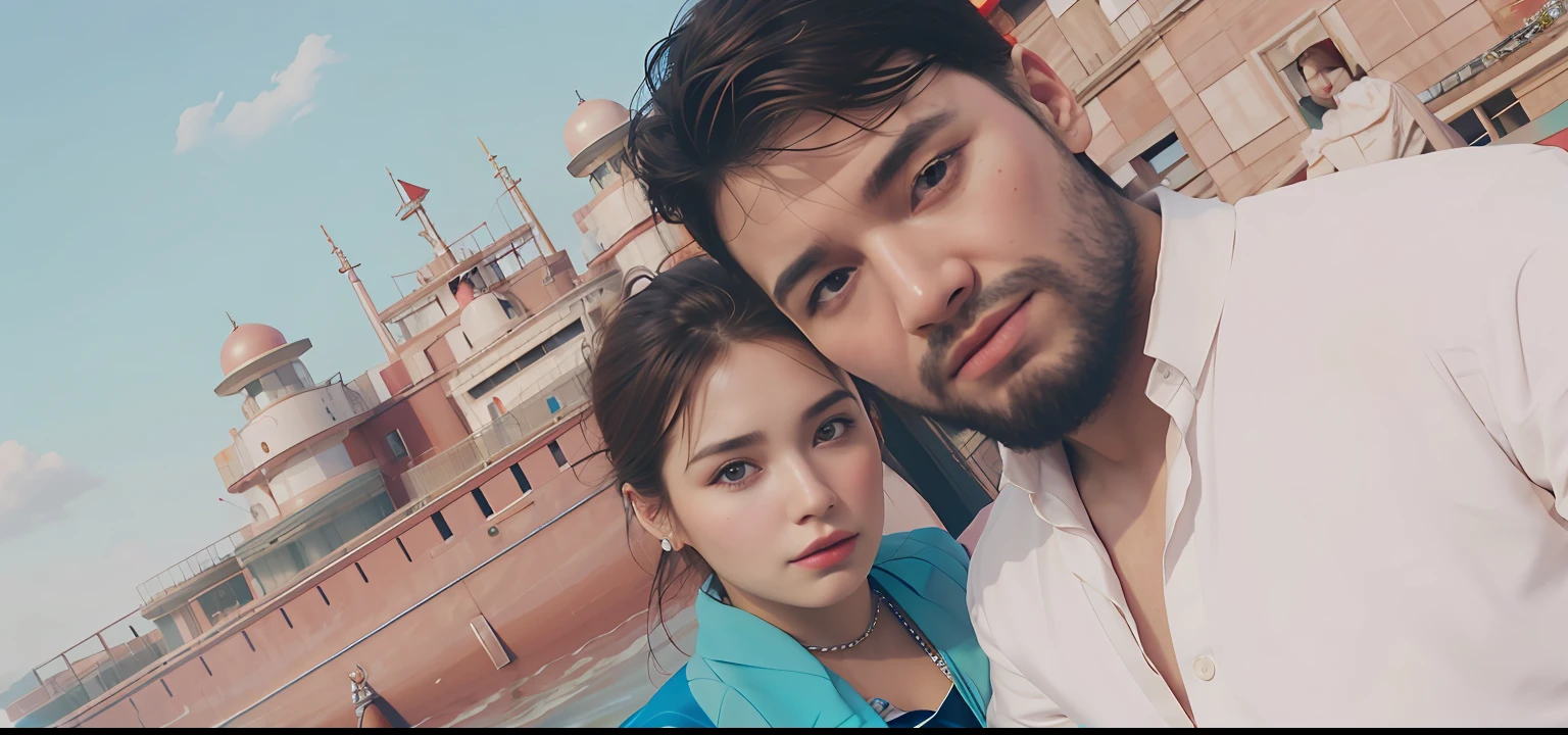 realistic portrait of a cute man and woman, in a red boat and the other blue, sea background. close-up, product view, detailed facial details, perfect face, trend art, sharp facial details, cgsociety, ultra-quality digital art, hyper-exquisite details, 4k, 8k soft lighting, dreamy, fashion, unreal engine rendering -