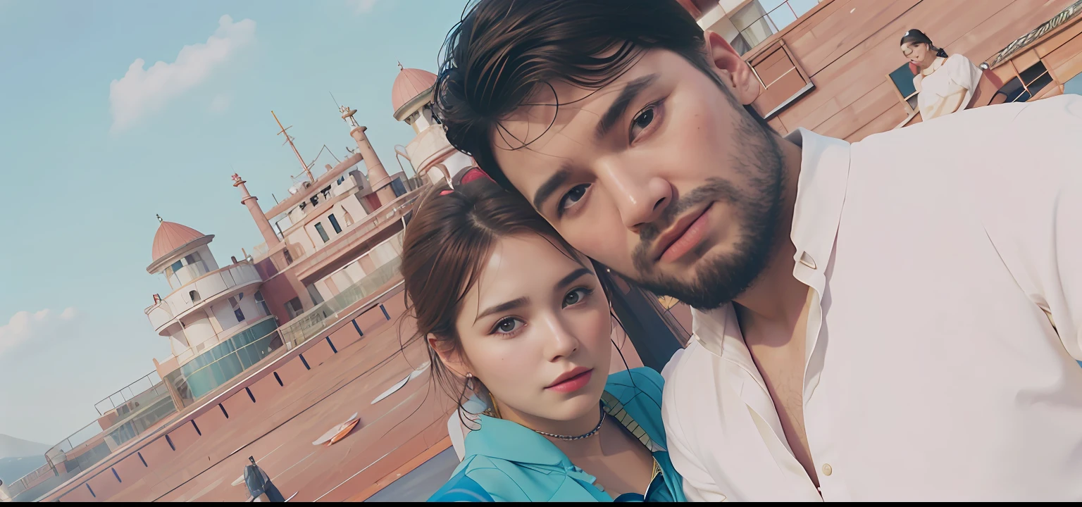 realistic portrait of a cute man and woman, in a red boat and the other blue, sea background. close-up, product view, detailed facial details, perfect face, trend art, sharp facial details, cgsociety, ultra-quality digital art, hyper-exquisite details, 4k, 8k soft lighting, dreamy, fashion, unreal engine rendering -