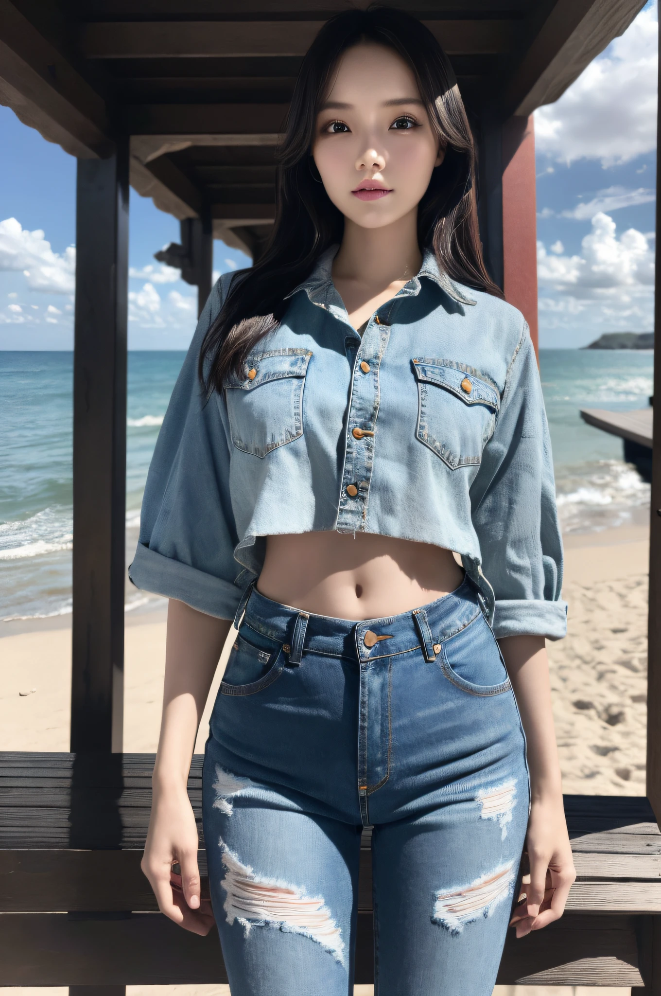 ((Best quality)), ((masterpiece)), (highly detailed:1.3), sharp focus, cinematic lighting, Girl taking off jeans, changing clothes, bikini, beach, sea, shade, sunlight, ((masterpiece)), best quality 16k, detailed, photo-like, realistic, blurred background, portrait,