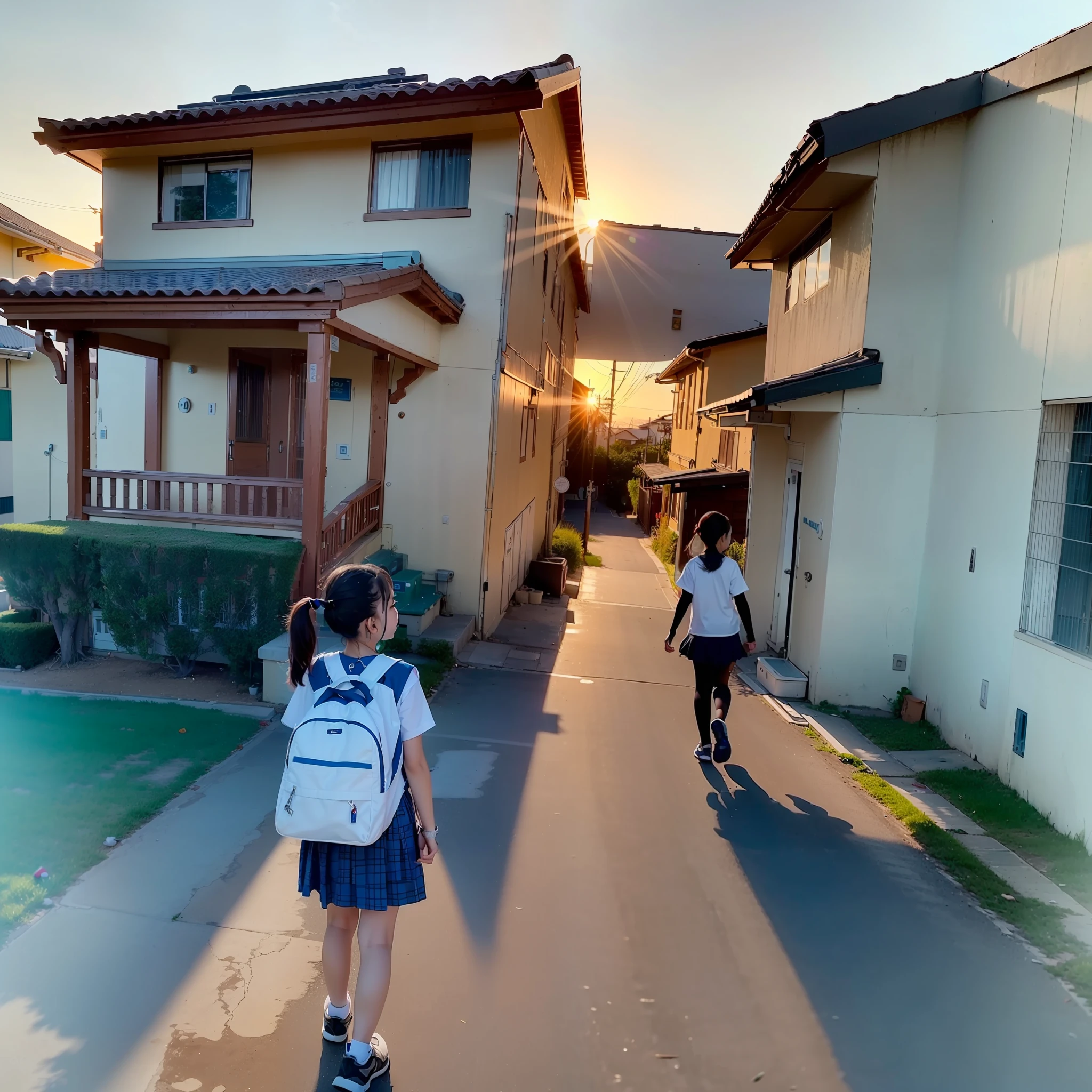 (in 8K、Raw photography、top-quality、masterpiece:1.2)、ultra-detailliert、Live-action girl、Beautiful sunset residential area after school、Scene of elementary school students returning home、Raw video、