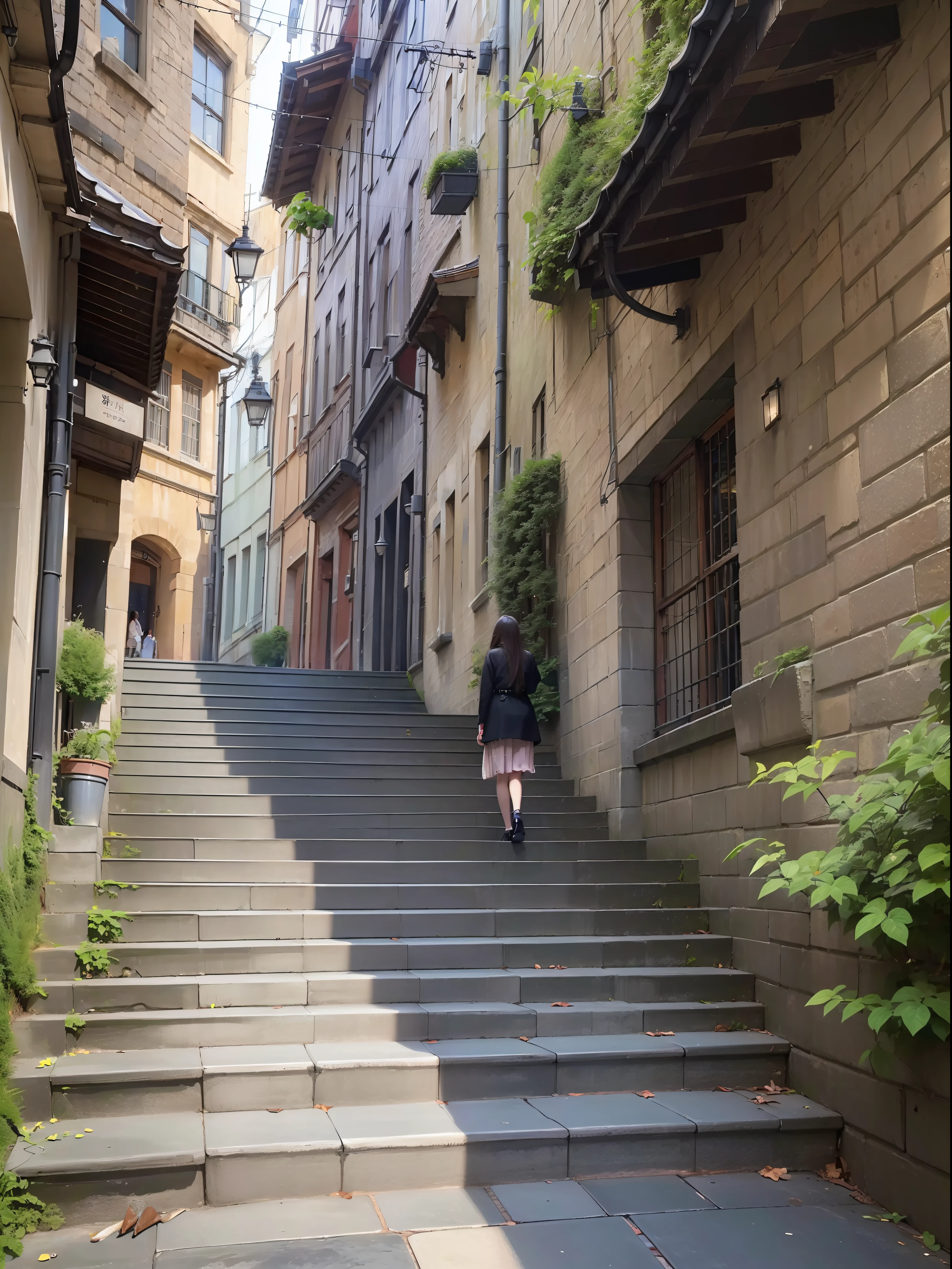 (((hight resolution)))、(in 8K)、 (((ighly detailed)))、(top-quality、masterpiece:1.3)、((sharpnes))、ciinematic light、Woman on cobblestone stairs1people walking、There are trees on both sides、