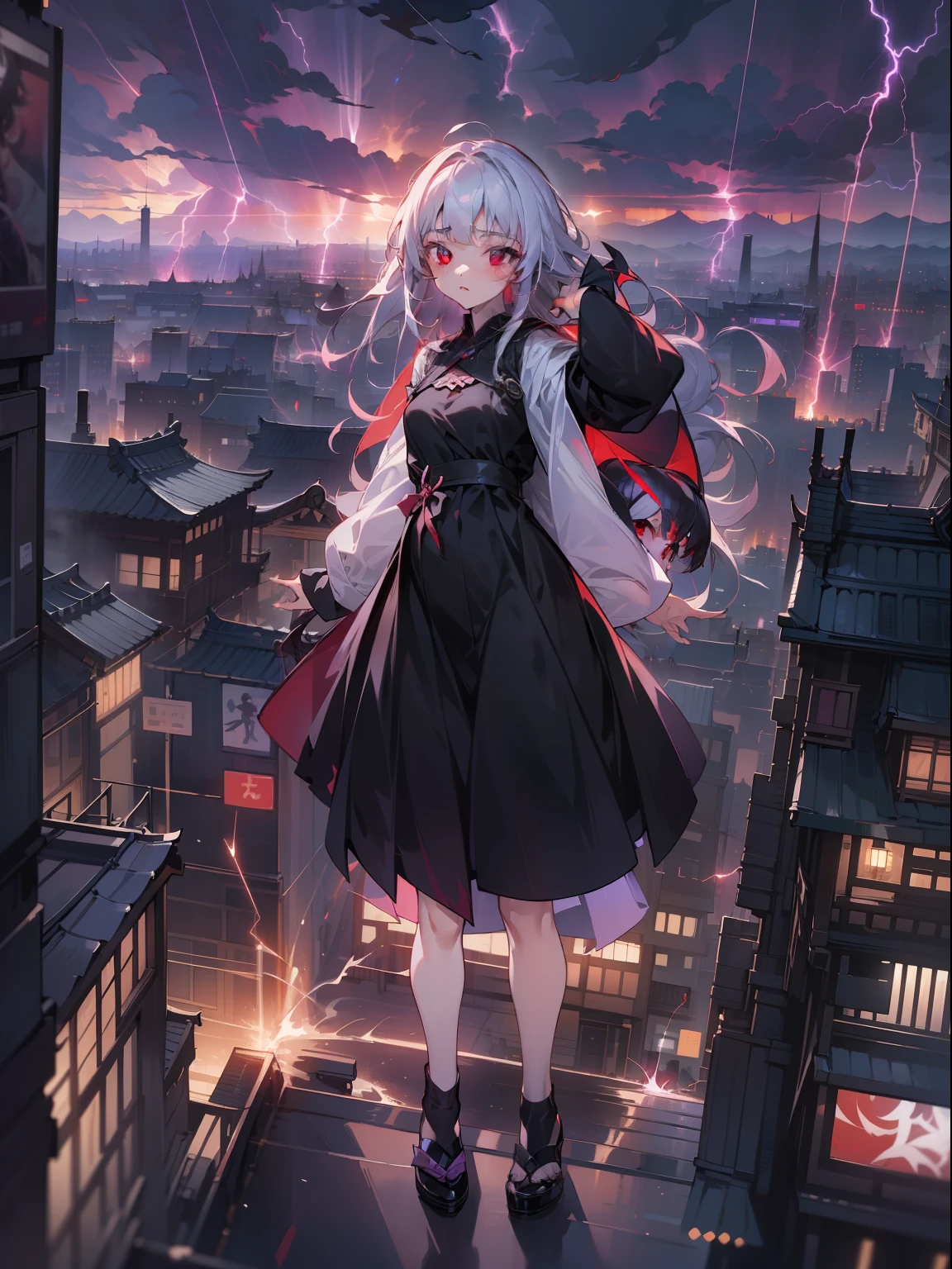 Masterpiece、hight resolution、4k、Black goth-rowley girl floating in the city with lightning,Gothloli albino girl floating in the city with one hand,Woman in black dress with red and black hair, Gothic Maiden girl, girl in black dress, 1 7 girl,Old Goth girl, an elegant gothic princess, artwork in the style of guweiz, in the art style of bowater, dreamy gothic girl, 8k high quality detailed art, gothic art style, wearing a gothic dress,closing,Wearing underwear,Red Eyes,Looking down,white hair,Wind,Head tilt,White hair, Silver hair, Long hair, Blunt bangs, Straight hair, Big hair, expressive hair, (Red eyes that glow intensely:1.8), Downward eyes, (Red Eyes:1.5),small tits,Thin leg,Crazy, Disappointed,wide Shots,wide angles,sideshot,3 views,,(Close up portrait of a person in a black dress flies over the city:1.7),People fleeing the busy streets of the city lined with shops々々々々々々々々, busy street, Street crowded with people, photograph of the city street, japanese downtown, Traditional Cities of Japan, Busy streets,busy cityscape, bustling city, Crowded with people, Bustling streets in the moon, crowdedstreets, shutterstock, Bustling small town streets,bad weather、A huge amount of purple lightning came out of the girl's hand and hit the city,Dark clouds cover the city pierced by clouds of lightning, Lightning clouds, Atmospheric lightning, Pink lightning, With thunderstorms, Dark storm with lightning, Dramatic purple lightning, Lightning in the sky, Contrast Lightning, thunderstorm in the sky, Lightning in the background, With lightning, Stormy weather with lightning, Upper volumetriclightning,Effect of wearing purple aura,(Control a large number of lightning with open arms:1.4),Destroy the city with a girl's lightning attack,Called nose,Lightning effect on both hands,Countless balls glowing purple around the girl,goddess of lightning, Storm, Storm outside, She attracts a lot of purple lightning,