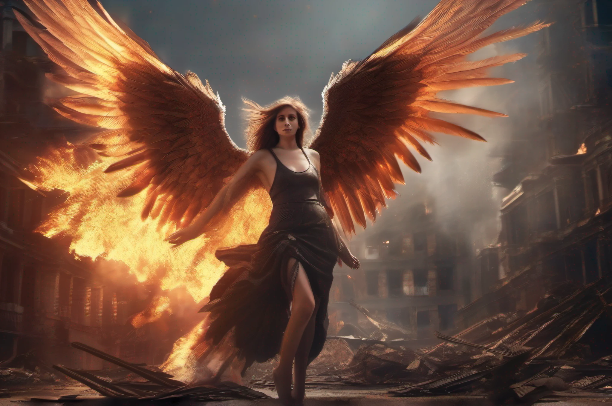 A 4K contrapicado digital painting of an injured evil fallen female angel with large wings surrounded by flames, plumage falling around, amidst crumbling rooftops in a burning apocalyptic city. Use shallow depth of field focused on the angel, cinematic lighting and shadows, in high resolution details.