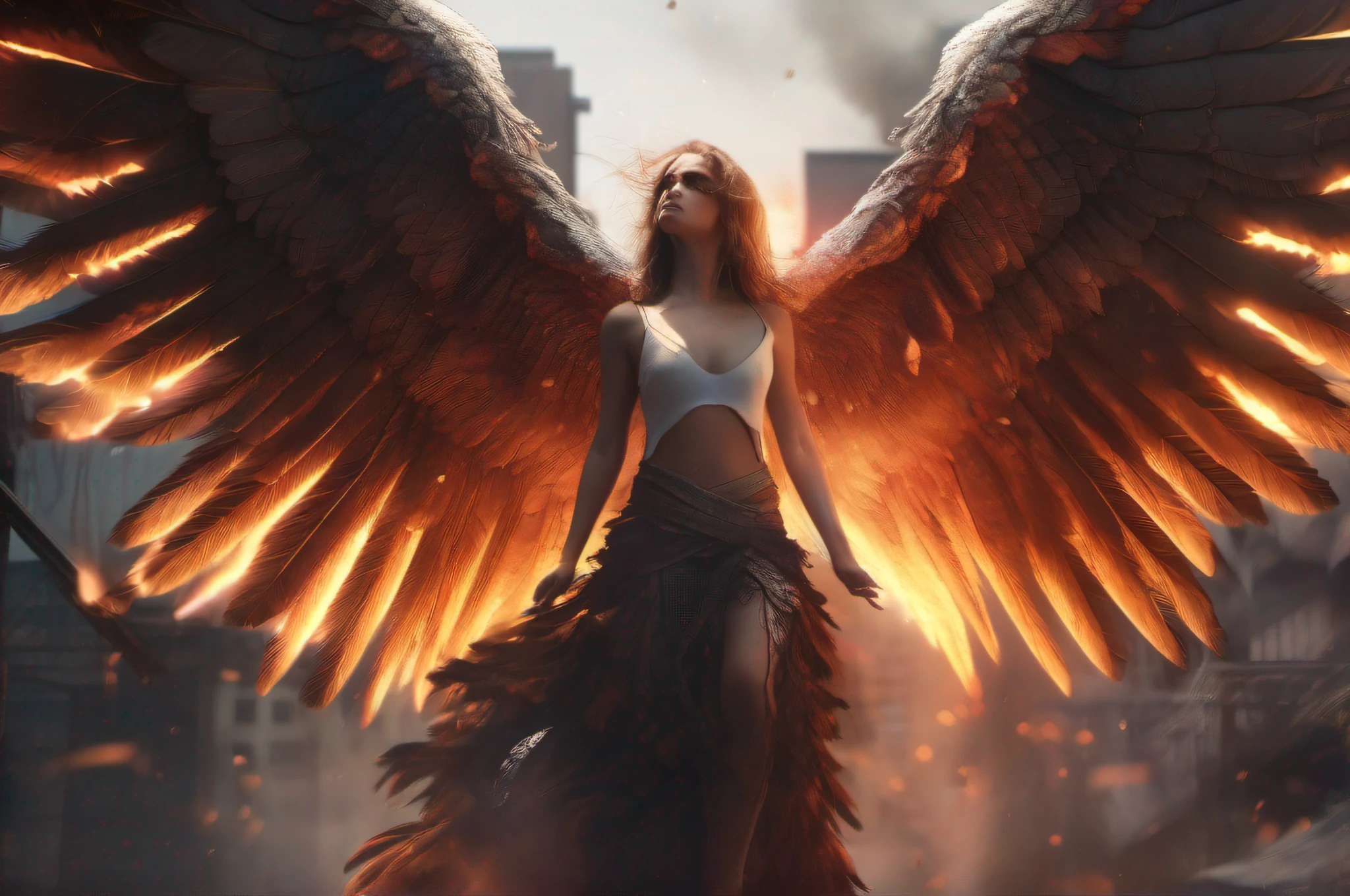 A 4K contrapicado digital painting of an injured evil fallen female angel with large wings surrounded by flames, plumage falling around, amidst crumbling rooftops in a burning apocalyptic city. Use shallow depth of field focused on the angel, cinematic lighting and shadows, in high resolution details.