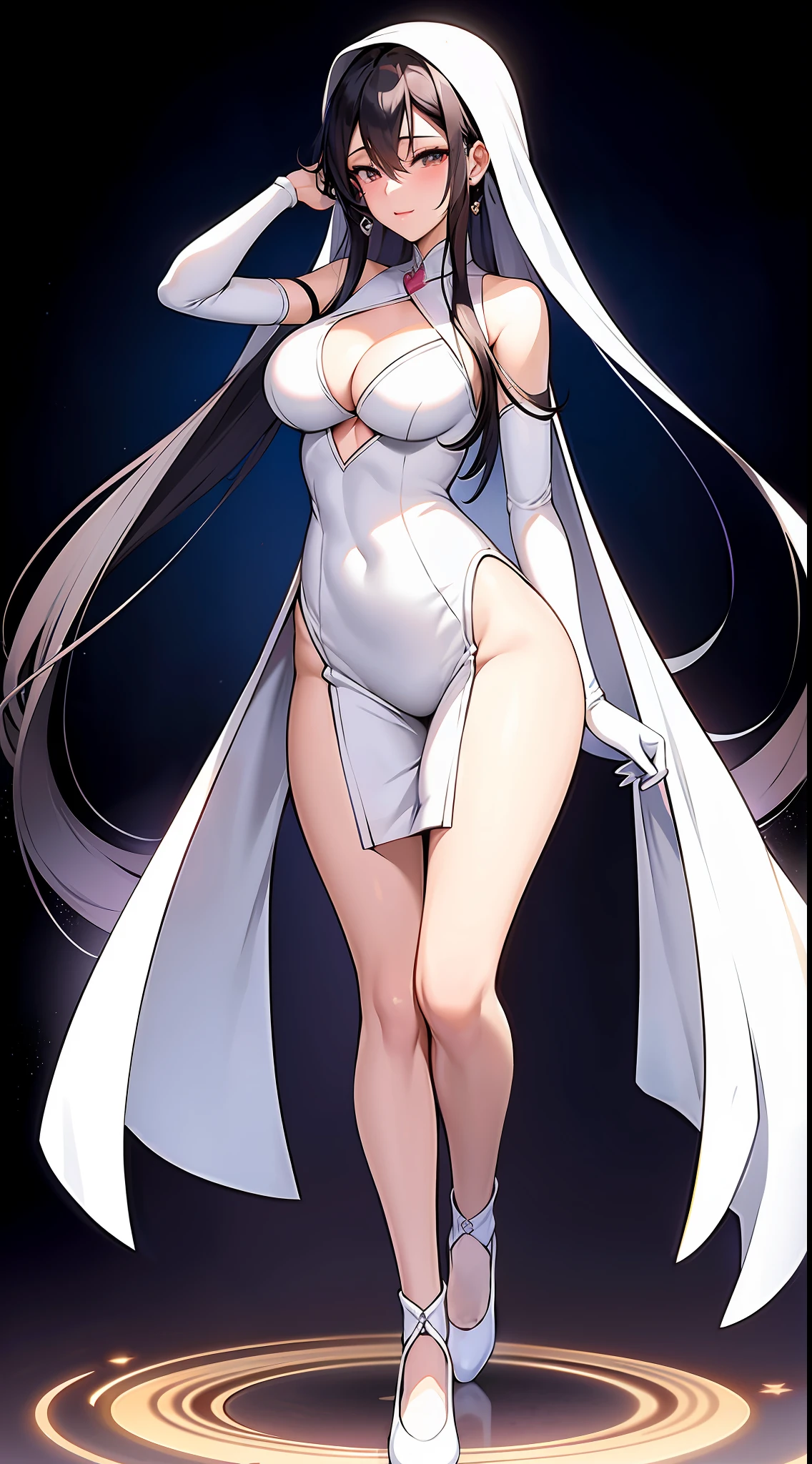 Anime girl in white gymnastics suit,Long black hair and white shoes,Anime Barbie with white stockings,!!full-body portraits!!,seductive anime girls,full-body xianxia,ECCHI anime style,beautiful and seductive anime woman,NicoRobin,Full body portrait of the clip!,my dress up darling anime,anime full body illustration,smooth anime cg art,Bigchest,Pornographic exposure,