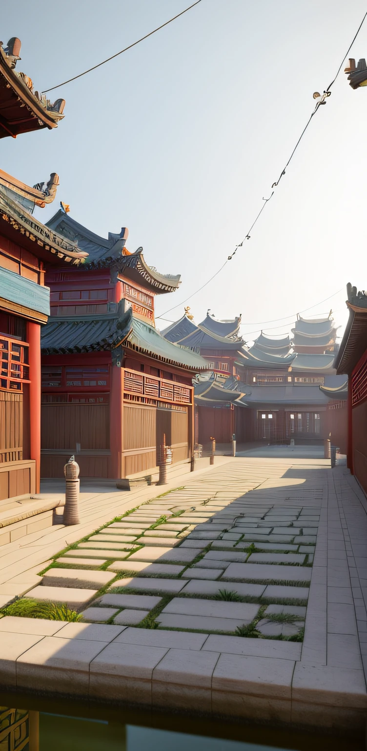 There is a small pond in the middle of the courtyard, Beautiful rendering of the Tang Dynasty, Ancient Chinese architecture, Chinese architecture, dreamy Chinese towns, Tang Dynasty Palace, cyberpunk chinese ancient castle, inspired by Zhang Sengyao, film Silk Road landscape, Chinese palaces, render in unreal engine 5, chinese temple, rendered in rtx, rendered in povray, Chinese style buildings