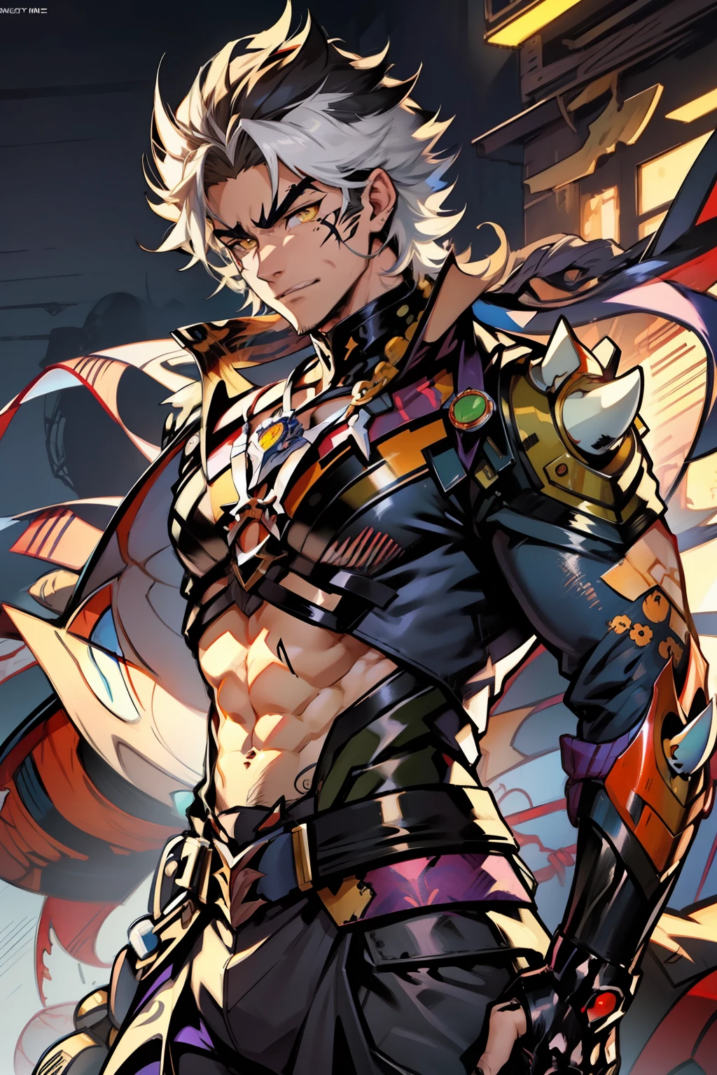 《the original god》Arataki Kazuto , male people,,((Masterpiece)), ((Best quality)), Ultra detailed,((illustration)), Dynamic Angle, Detailed light, (Delicate eyes), Floating, 1boy, Male focus, Head, Clothing, Yellow eyes, necklace, tattoo, (Forehead:0.8), (ahoge:0.8), jewelry, apathy,Ray, chest muscle, Sexy , Venom symbiote for your body, Black mucus of the body , (into venom), Venom,frontage,style of anime4 K, 4K anime wallpaper, Badass anime 8 K, 4 k comic wallpaper, young anime man, Anime boys, Anime wallpapers 4 k, Anime wallpaper 4K, High quality anime art style, Anime moe art style, Anime art wallpaper 8 K, Anime art wallpaper 4 K, RGB lighting