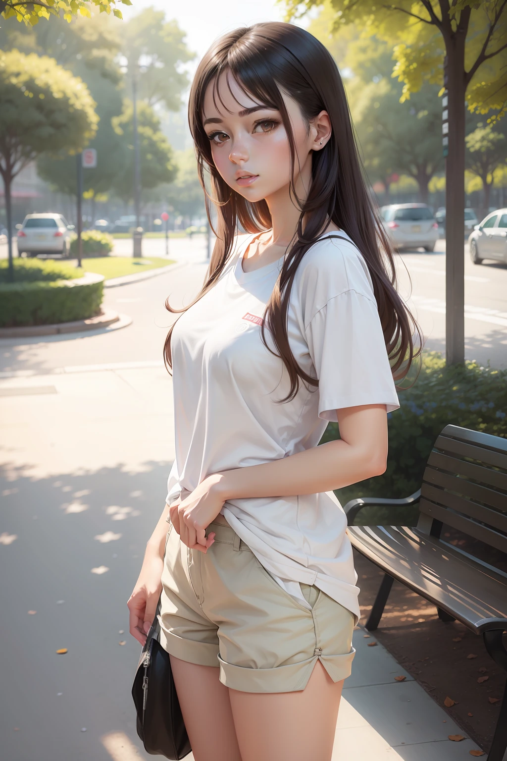 Ala Fed woman in shorts and white shirt standing in park, color pencil sketch, Colored pencils, colored sketch, clothed non - portrait, colored screentone, Half Body Portrait, anime style portrait, drawn with photoshop, urban girl fanart, girl sketch, digital sketch, semirealistic anime style, [ Digital Art ]!!, Young Woman