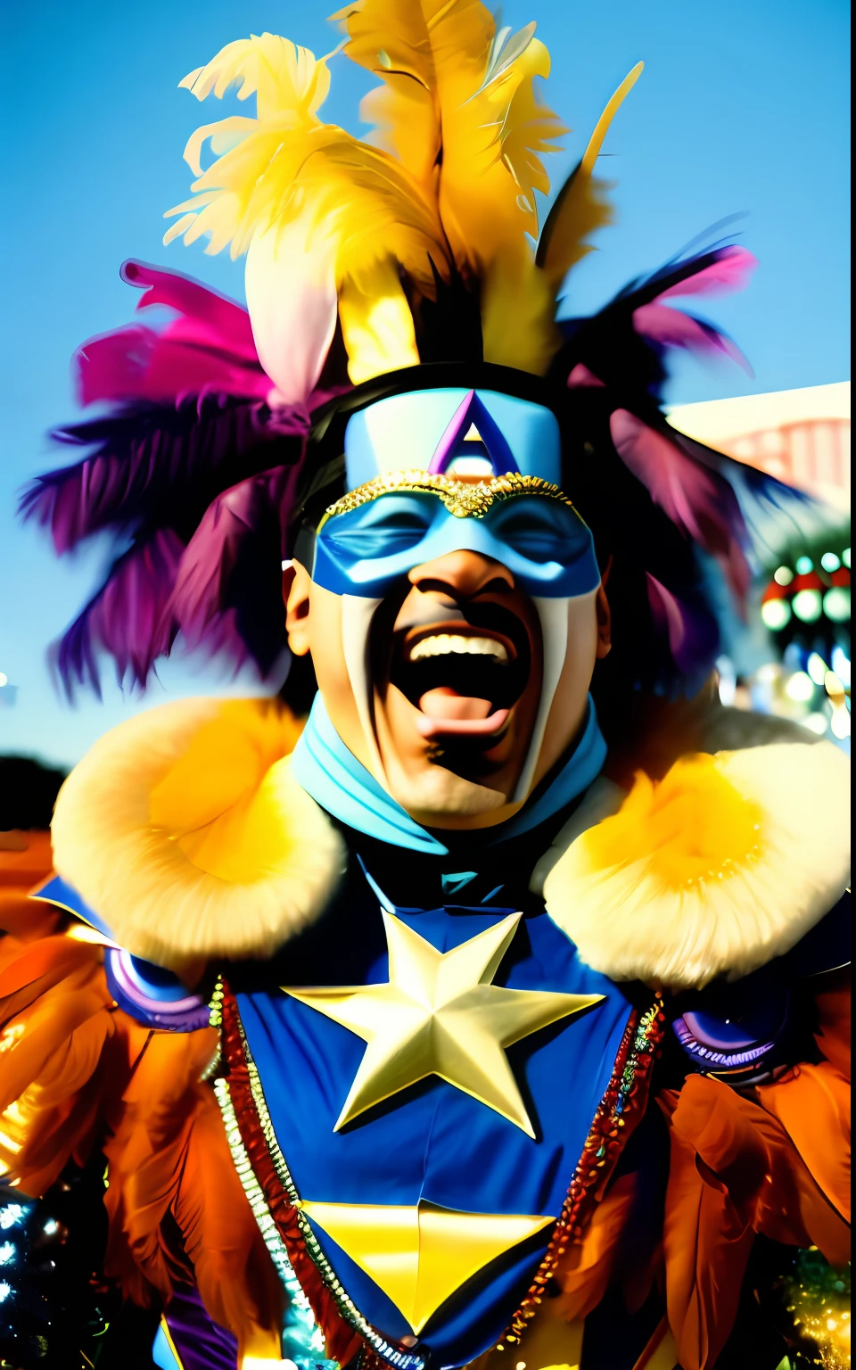 a man with captain America suit big eyes laughing "I AM THE BIG CHIEF" while wearing an elaborate diverse colorful feathered costume, analog photo, muted saturation, celebration, carnival, picture taken with Sony - Cinema Line FX30 Super 35 Camera, CHV3CBigChief, black and purple color scheme, fixed in post, color corrected, Professional, masterpiece, commissioned, best quality, Color Corrected, fixed in post