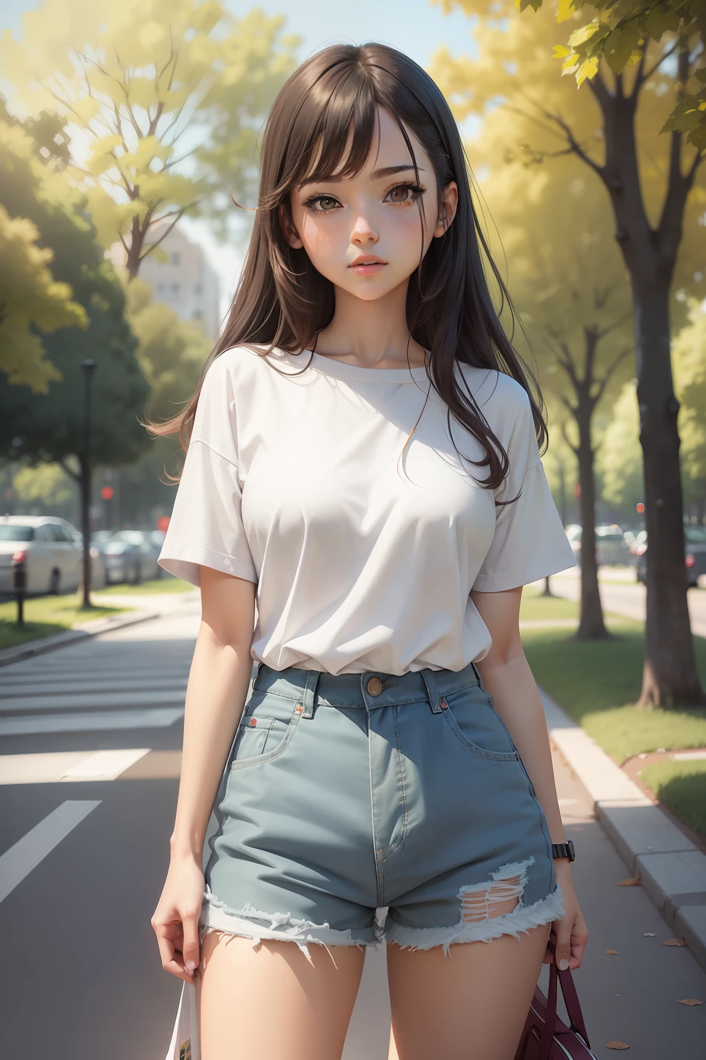 Ala Fed woman in shorts and white shirt standing in park, color pencil sketch, Colored pencils, colored sketch, clothed non - portrait, colored screentone, Half Body Portrait, anime style portrait, drawn with photoshop, urban girl fanart, girl sketch, digital sketch, semirealistic anime style, [ Digital Art ]!!, Young Woman