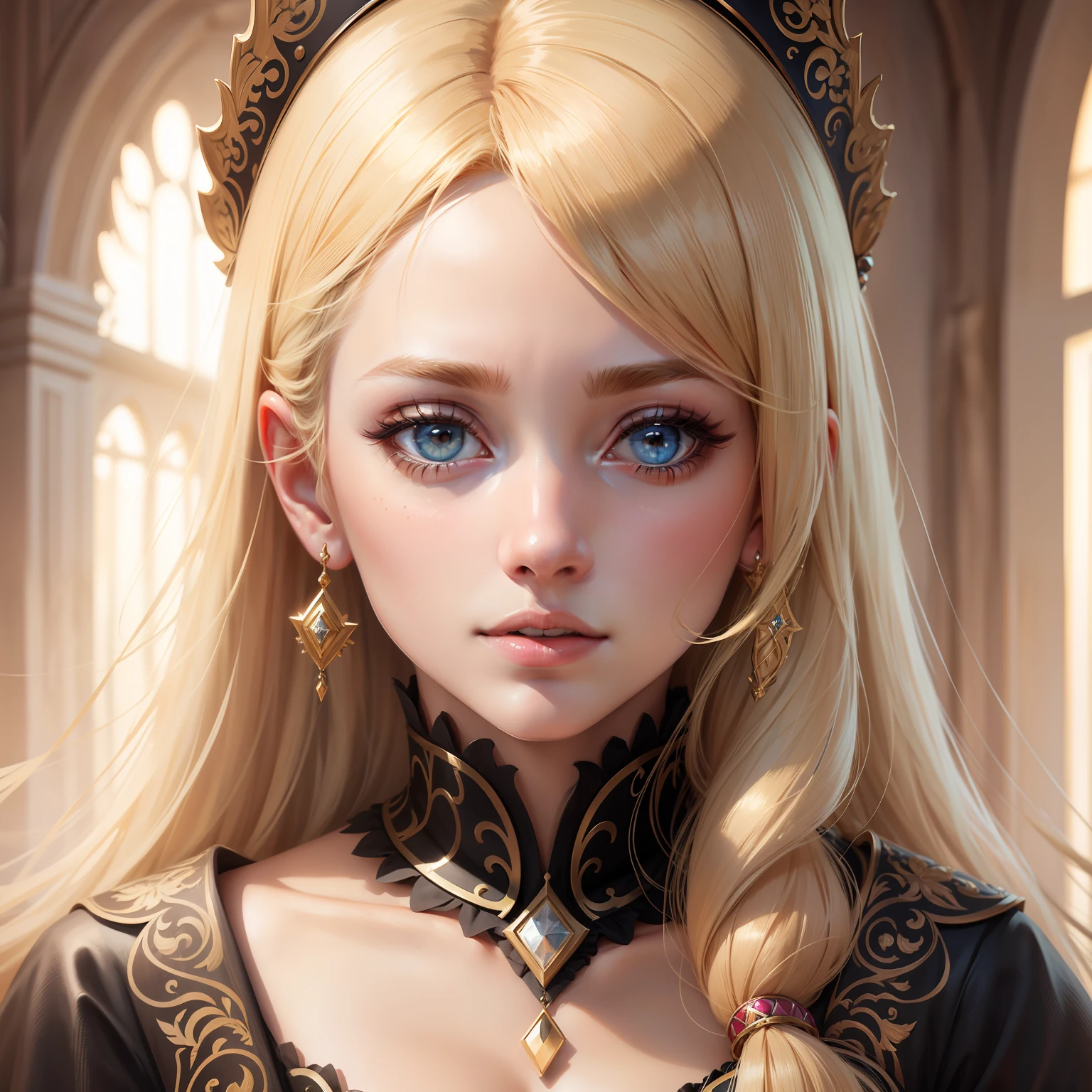 Very beautiful princess with bright eyes blond hair face hyper realistic portrait super detailed