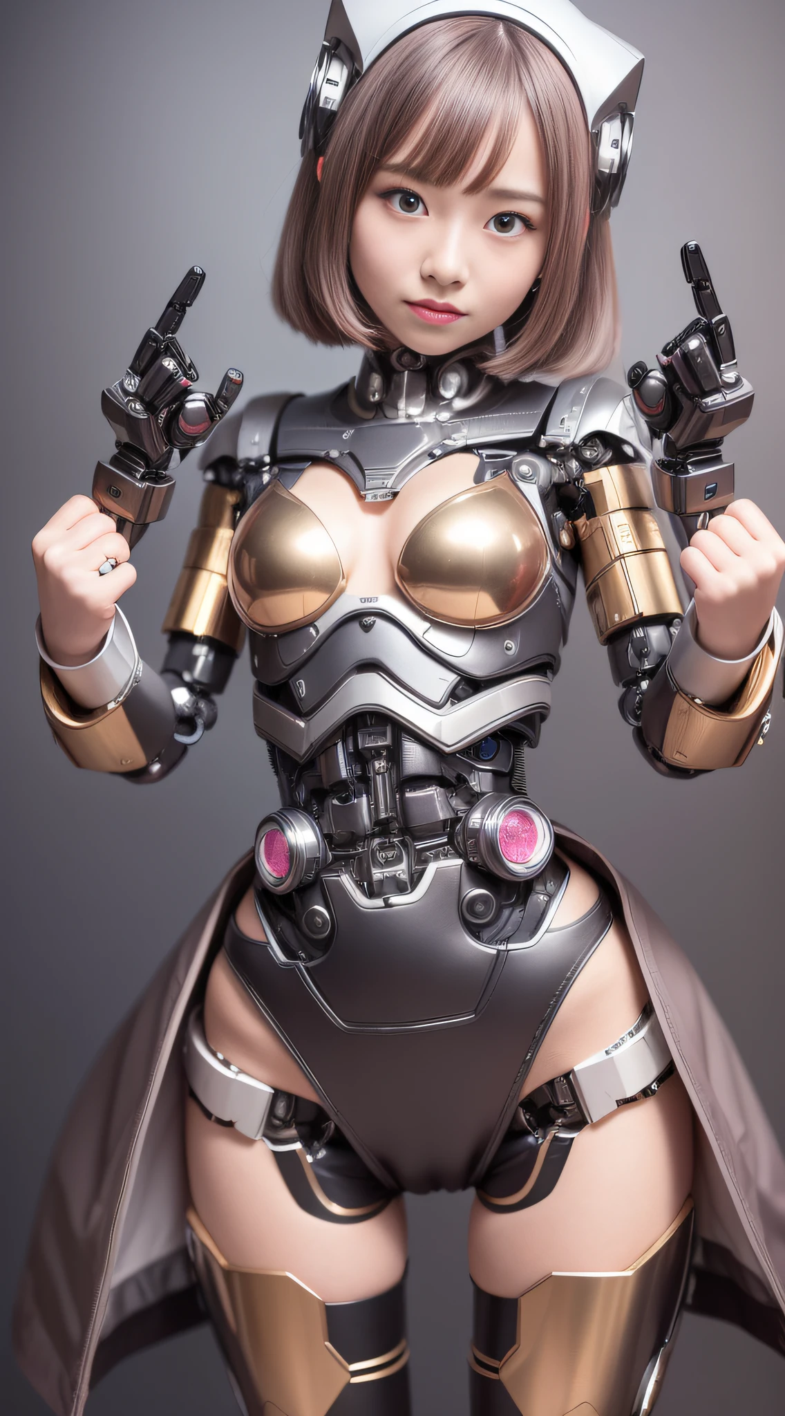 (Photorealsitic:1.4)、Onegirl、(top-quality),(hyperdetailed face)、(Super well-formed face)、((Robot Parts))、(Cyborg girl)、(metalic)、(fullllbody)、(sexy pose)、(Slender body)、(Model body type)、(full body mech)、(mecha exposure)、(akihabara)、(is looking at the camera)、(A dark-haired)、(10Head and body)、(a small face)、(Idol)、(front facing)、(is standing)、(Banzai pose with open arms)、(Photo session)、(Looks sad)、(Cyborg girl in pale pink dress)、(Golden button)、(sleeve less)、(a miniskirt)、(a belt)