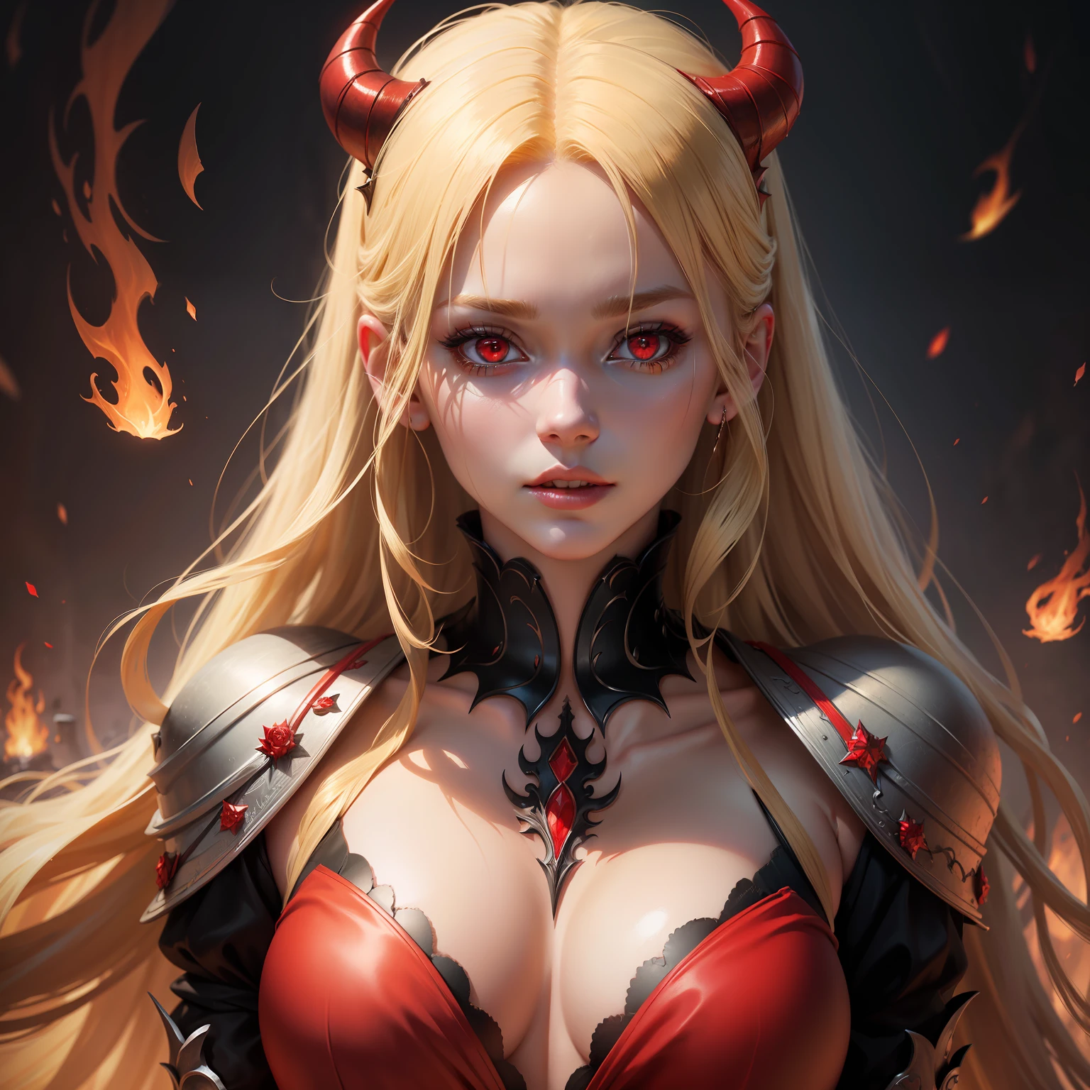 Very beautiful princess with bright red eyes bright face portrait blonde hair long lasting covers her whole body as a demon environment hyper realistic scene super detailed