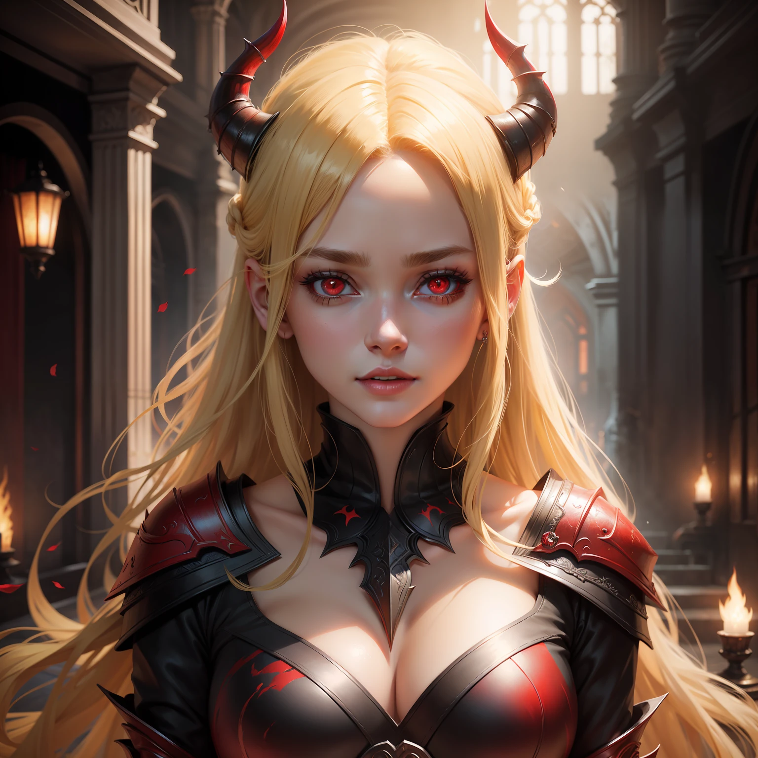 Very beautiful princess with bright red eyes bright face portrait blonde hair long lasting covers her whole body as a demon environment hyper realistic scene super detailed