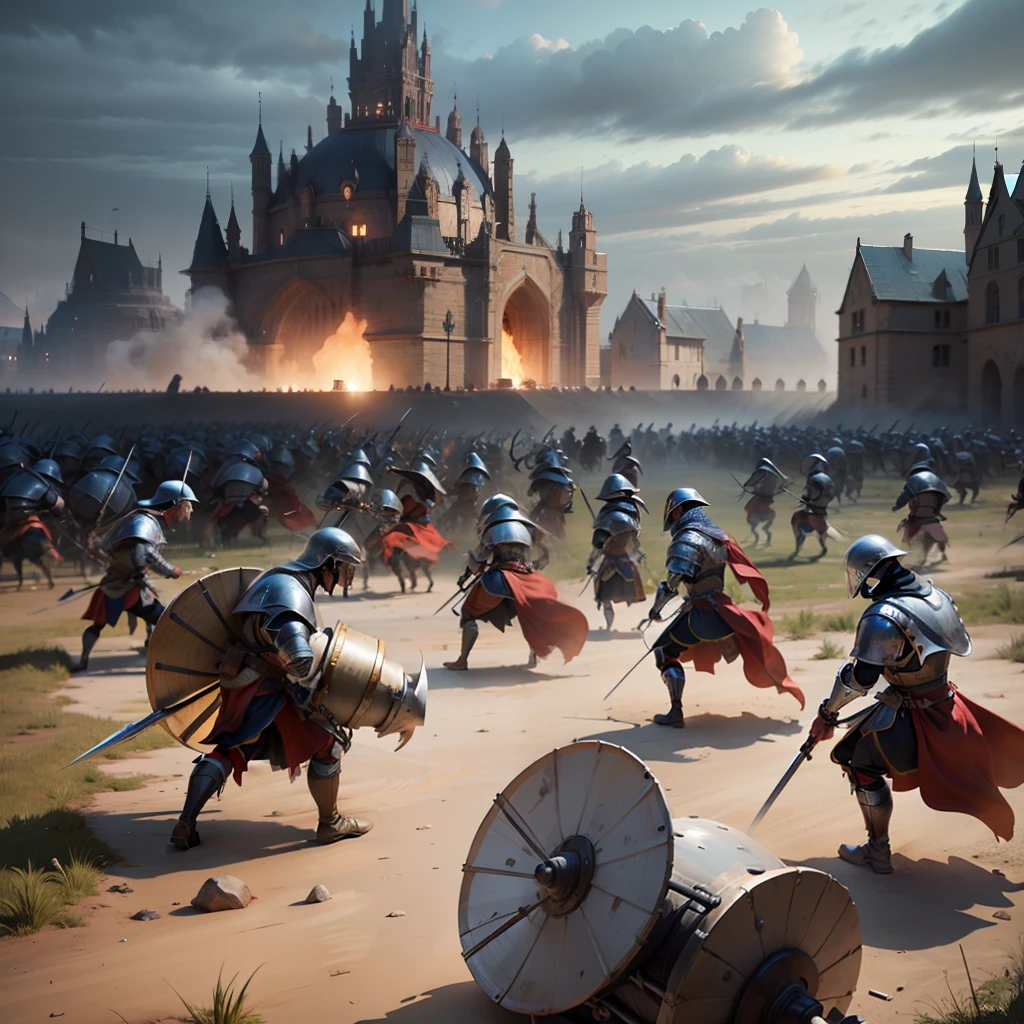 clashing medieval armies, battle, medieval battlefield scenery, realistic, concept art, unreal engine 5, ultra quality, highly detailed --auto --s2