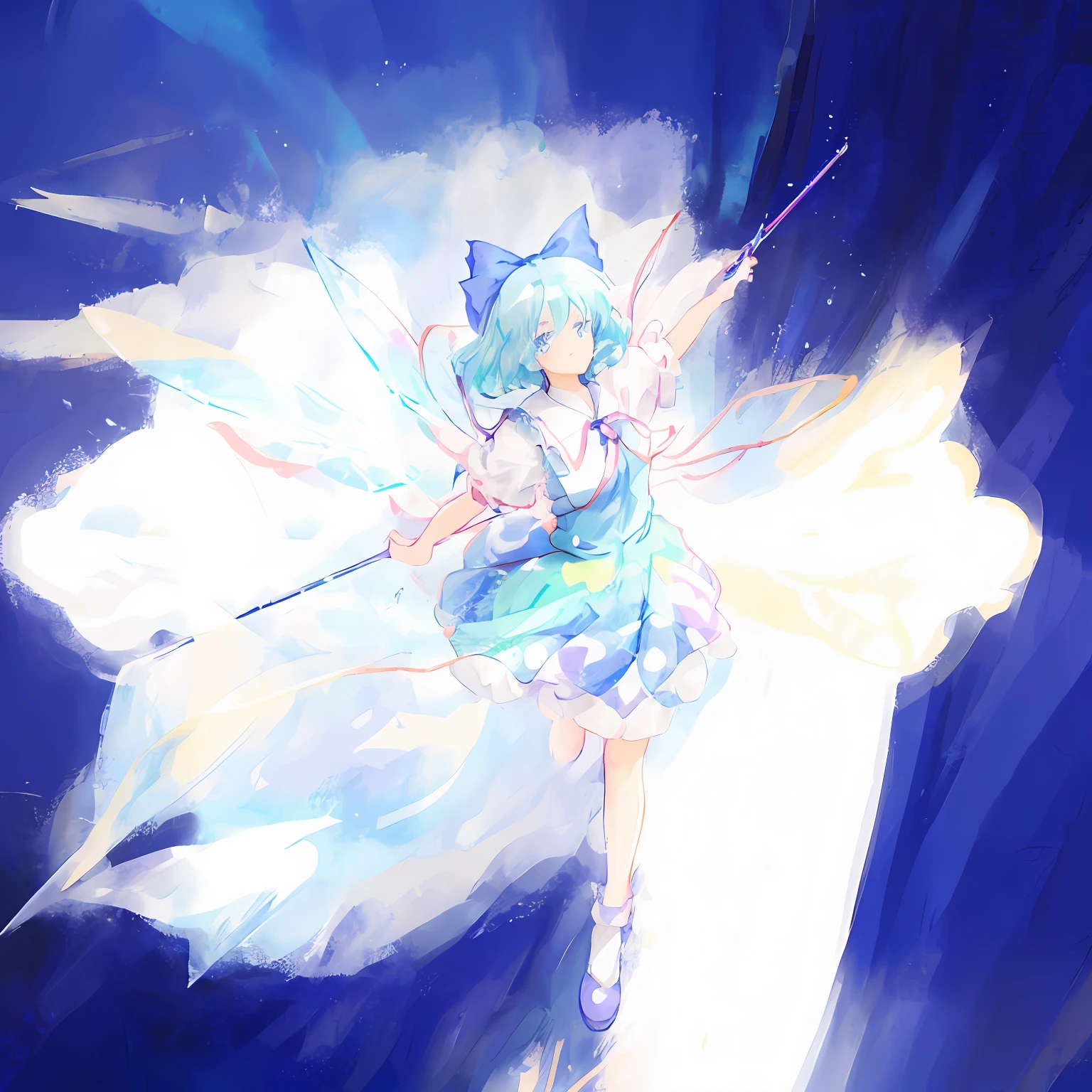 Anime girl in blue dress flying in the air, cirno touhou, cirno from touhou, cirno, from touhou, an anime portrait of cirno, Touhou, touhou character, touhou project, astral fairy, magical little girl, zerochan art, touhou project official artwork, author：Shitao, sparkling magical girl, ethereal anime