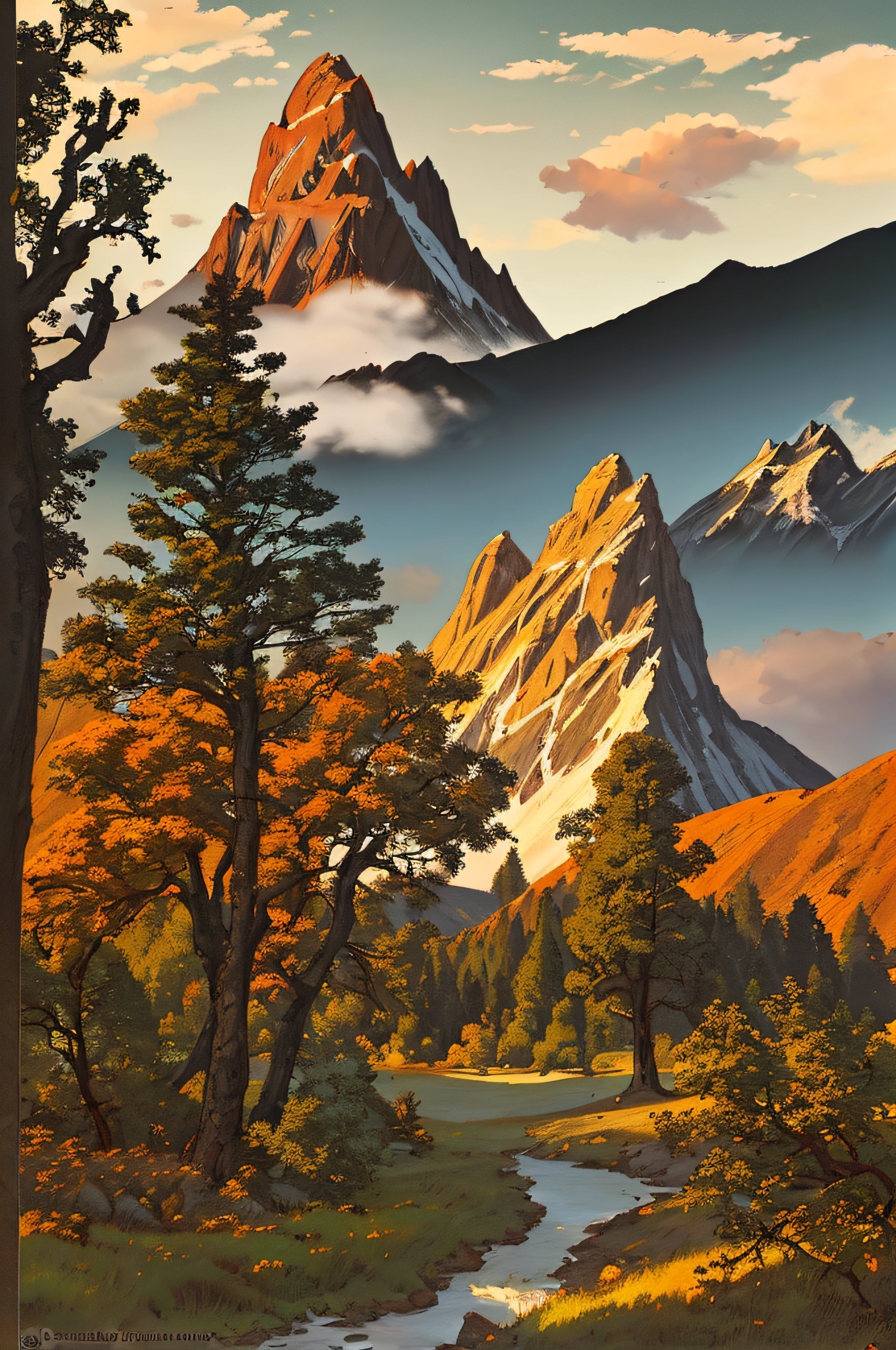 painting by sargent and rhads and leyendecker and greg hildebrandt evening sky, low thunder clouds foothpath with trees at indian summer with zugspitze fitz roy in background, colours green, red, blue black and white, acuarela