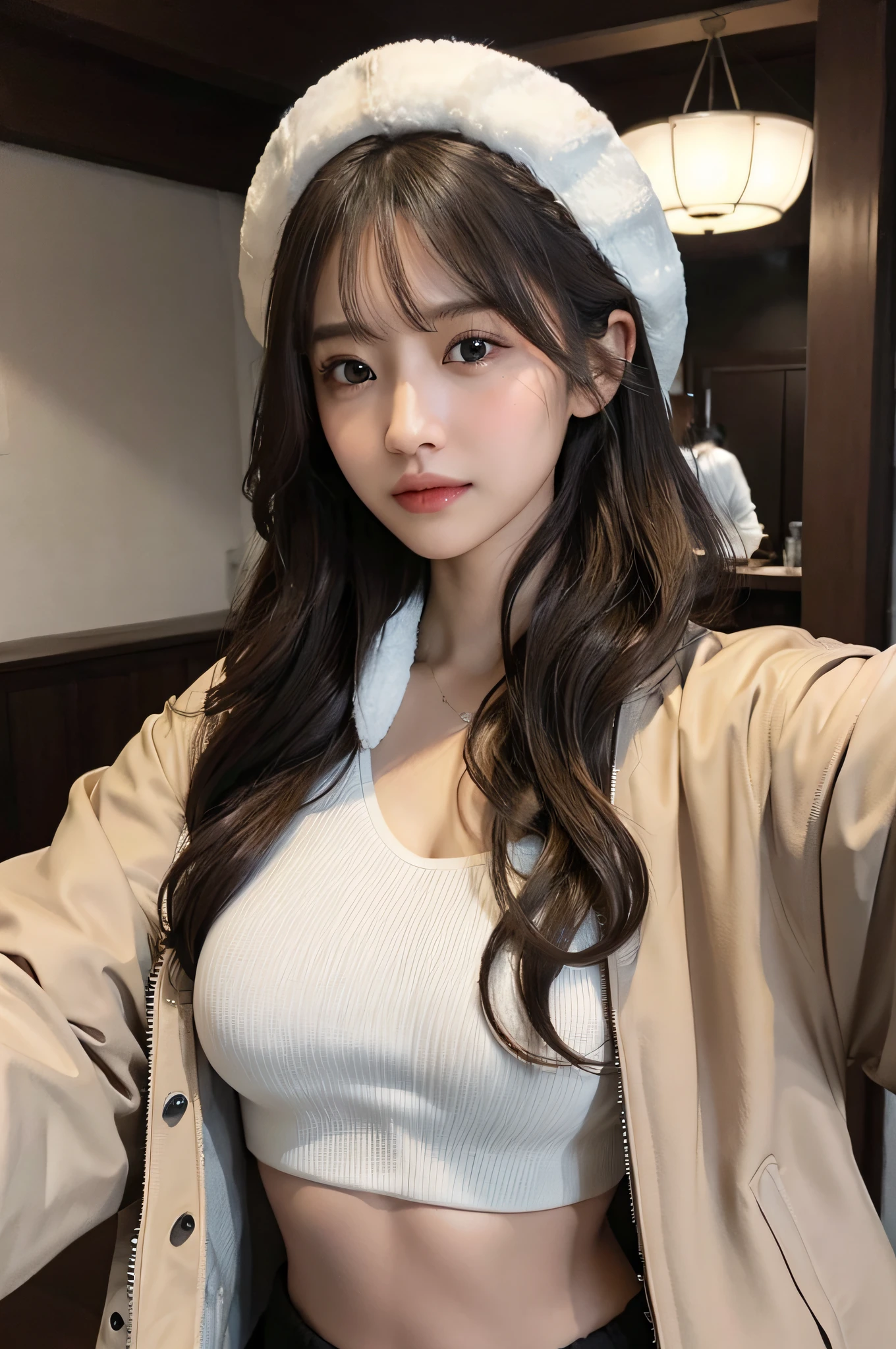 (frombelow:1.4)、((1girl in)),Light Brown Fringe Hair、Braided hair、disheveled hair、Light brown eyes、(dignified expression)、(爆乳:1.4)、Emphasize the valley、(Photorealsitic)、(intricate detailes:1.2)、(masterpiece、:1.3)、(top-quality:1.4)、(超A high resolution:1.2)、超A high resolution、(A detailed eye)、(detailed facial features)、(midriff jacket:1.4),nametag,(selfee:1.3)