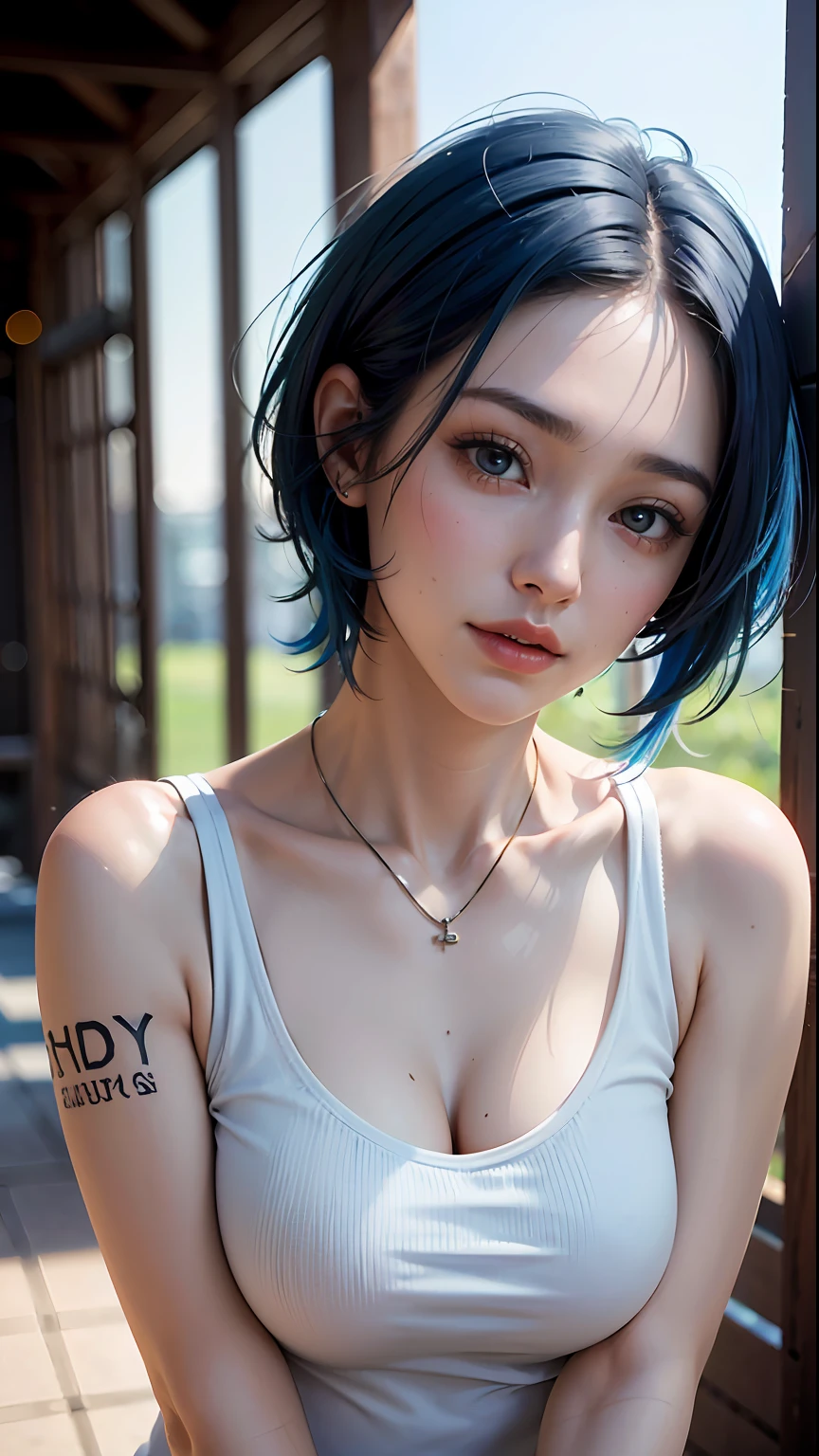 fashion photography portrait of 1girl, offshoulder, fluffy short hair, soft light, rim light, beautiful shadow, low key, (photorealistic, raw photo:1.2), (natural skin texture, realistic eye and face details), hyperrealism, ultra high res, 4K, Best quality, masterpiece, necklace, (cleavage:0.8), in the dark, (1girl:1.2, body covered in words, words on body:1.1, tattoos of (words) on body:1.2), (masterpiece:1.4, best quality), medium breasts, white t-shirts, ((blue hair)), night street,