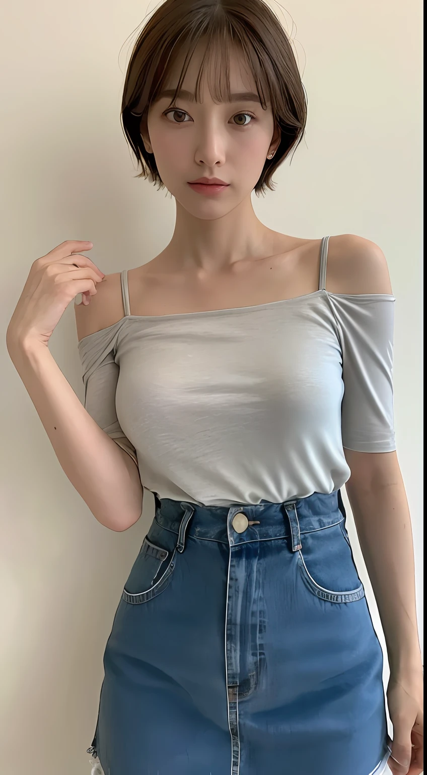 ((top-quality, 8k, masterpiece :1.3)),full bodyesbian, long legged, foco nítido :1.2, Pretty woman with perfect figure:1.4, Slender Abs:1.1,(short torso, {{{very long legs}}}, {{{very thin waist}}}, {{{very small hip}}}, {{very large breasts gathered}}, {{{Different clavicles}}}, {{{de pele branca}}}, {{{ligh brown hair}}}, {{small head}}},{{40 years}}, Highly detailed facial and skin texture, A detailed eye, 二重まぶた,short-hair