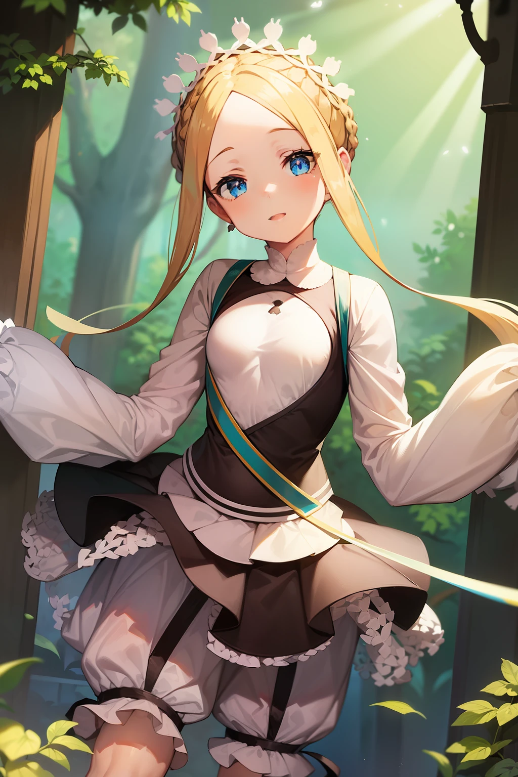 anime hmaw5, braid, maid headdress, maid, white shirt, bloomers, sleeves past wrists, fashionable, woman, vibrant, outfit, posing, front, colorful, dynamic, forest background, elements, happy, expression, holding, statement, accessory, majestic, striking, modern, trendy, focus, fashion