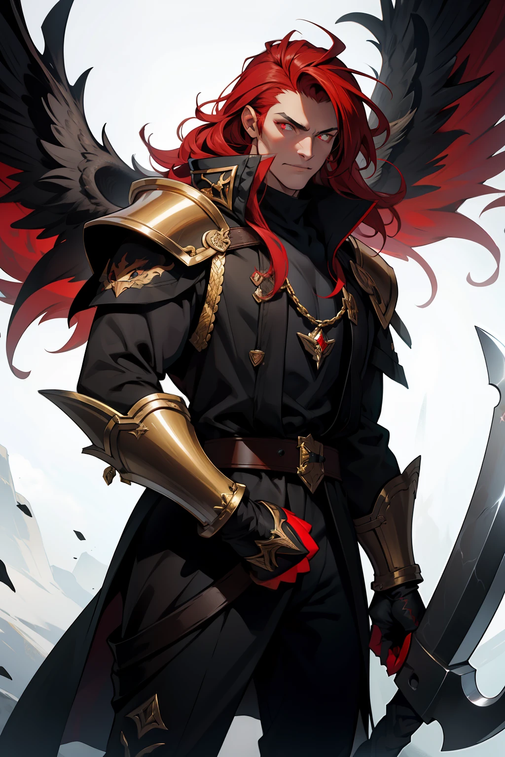 Black pig,Gothic Phoenix,Gold armor,buck teeth,giant axe,mane hair,red color eyes,The eyes glow red