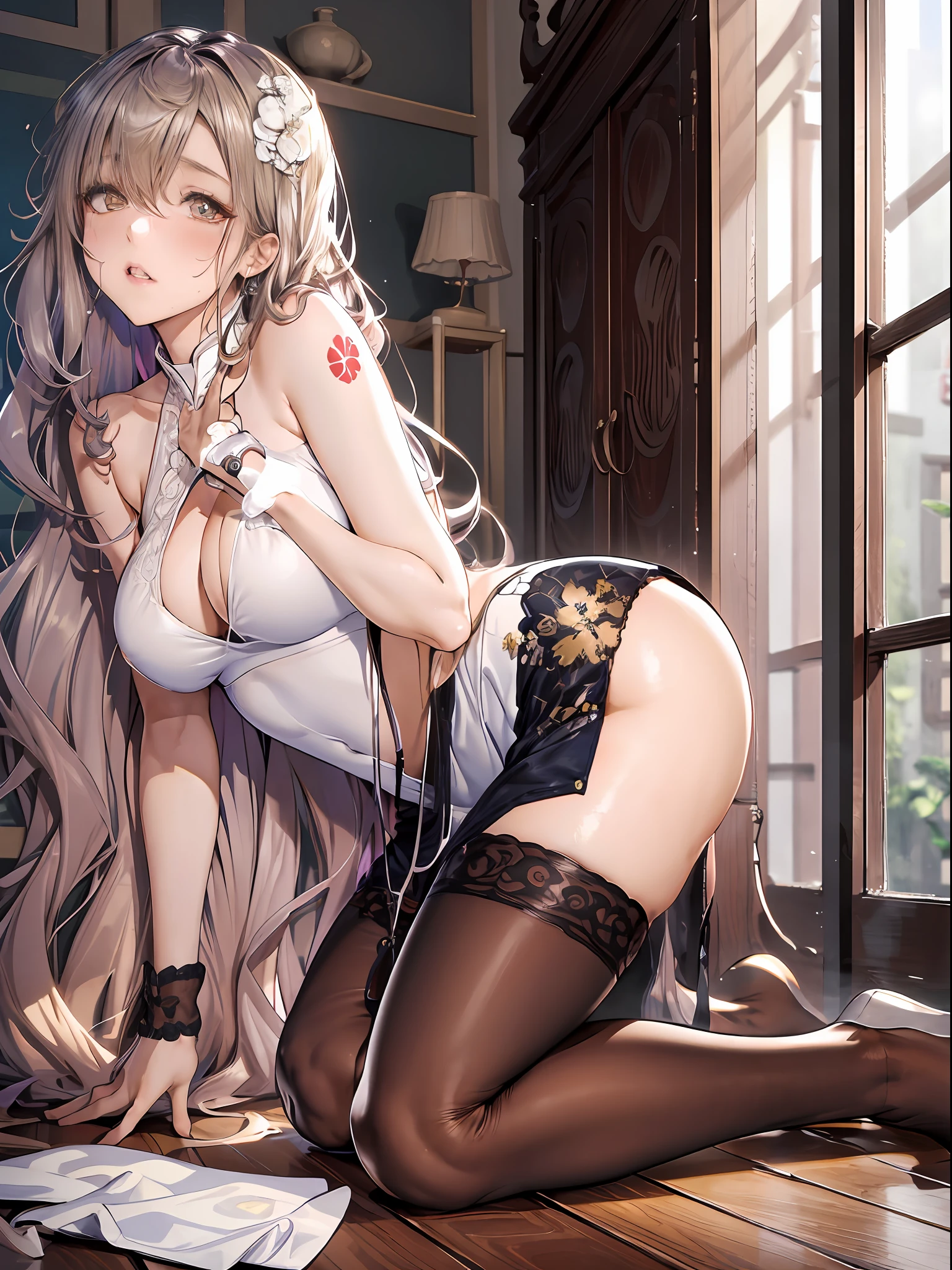 (Enrich the picture,Masterpiece level quality)Beautiful 8K CG artwork,Goddess-like posture,Kneeling exercise,Slim and soft,Translucent skin,Blonde hair、The beauty of extra-long hair, Super Long Straight Hair,The skin is fair and juicy,Big JK Uniform,Perspective Part 1.2x enhanced silhouette effect,Exquisite transparent blues pattern in pajamas,The details are intricate and exquisite,The background is slightly blurred,Charming and lustful leg seduction,Drool,Extra-large big breasts,Blush,