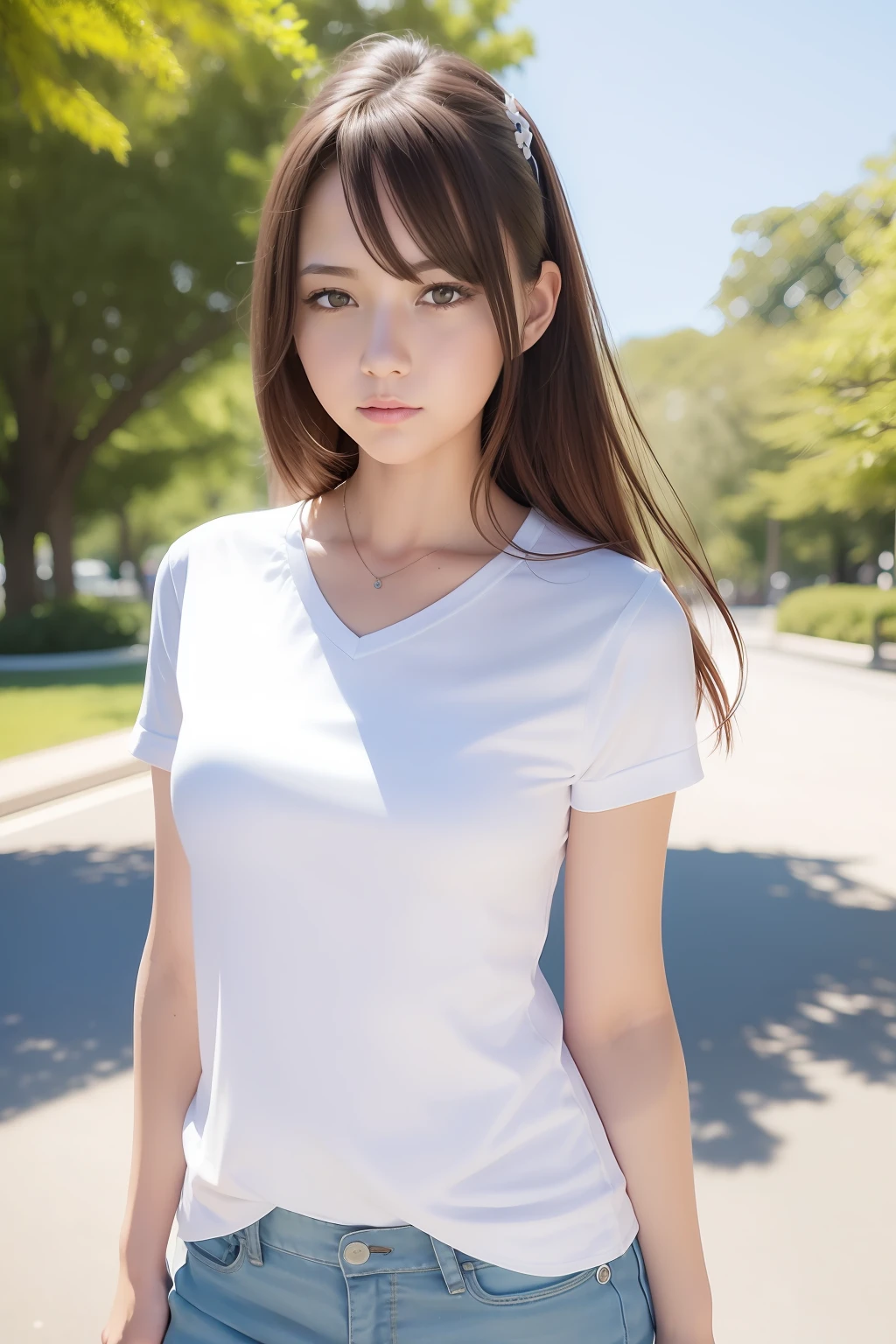 Ala Fed woman in shorts and white shirt standing in park, color pencil sketch, Colored pencils, colored sketch, clothed non - portrait, colored screentone, Half Body Portrait, anime style portrait, drawn with photoshop, urban girl fanart, girl sketch, digital sketch, semirealistic anime style, [ Digital Art ]!!, Young Woman