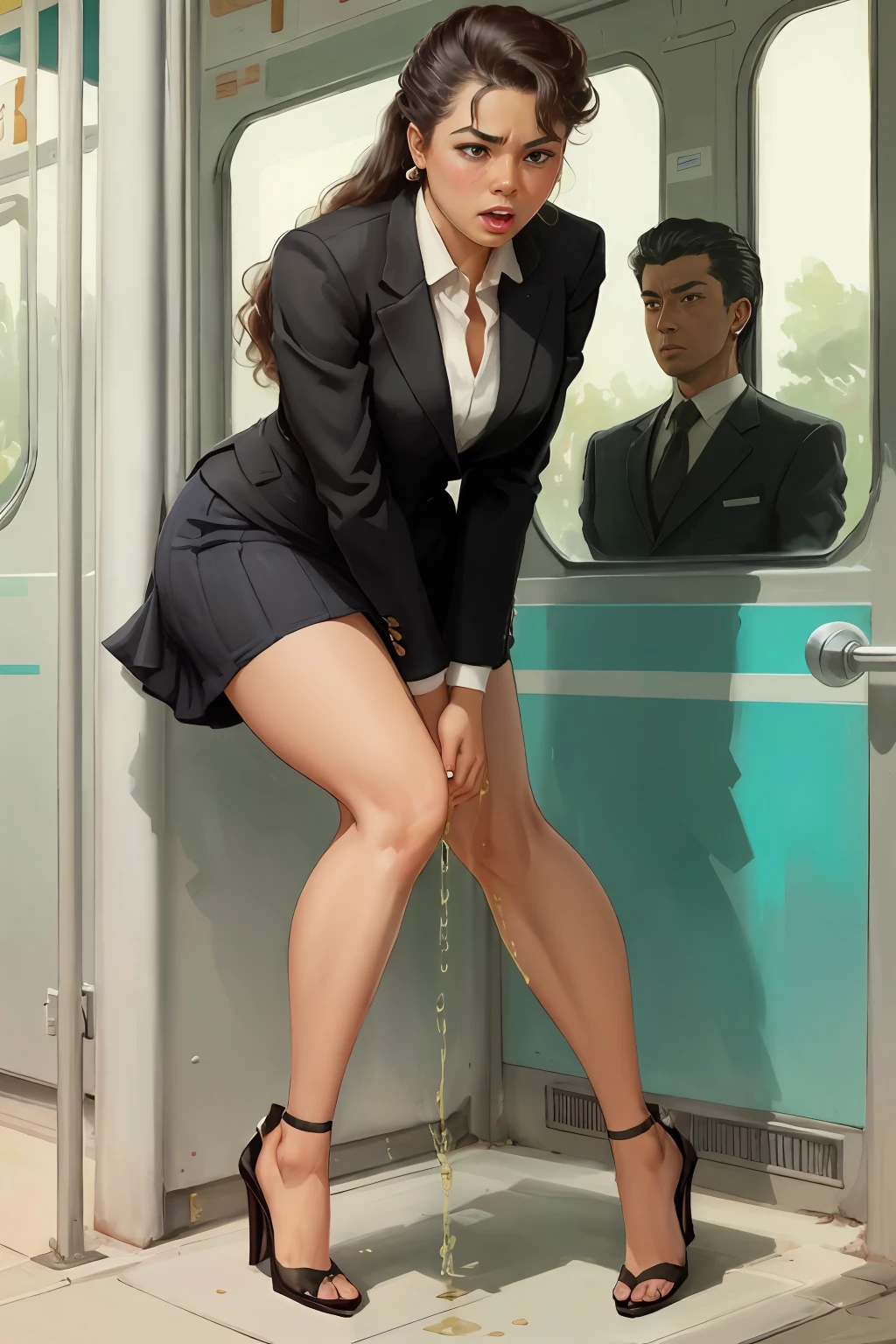 Brazilian, Two girls, muscular legs, muscular calves, Strong legs, muscular hips, wide thighs, Curvy hips, A full body shot, high-heeled sandals, tights in a net, Stiletto heels, Women's business suit with a short skirt, large ring earrings, He really wants to pee, Riding the bus, Coming soon, wants to pee, desperately wants to pee, holding your urine in your hands, wants to urinate, An expression of shame on his face, confusion, Desperation on the face, crying, pinches the crotch with his hand, crumples the hem of the skirt with his hands, Knees clenched together, Tense posture, bites his lower lip, full bladder, terribly wants to go to the toilet, anatomically correct, Realistic,