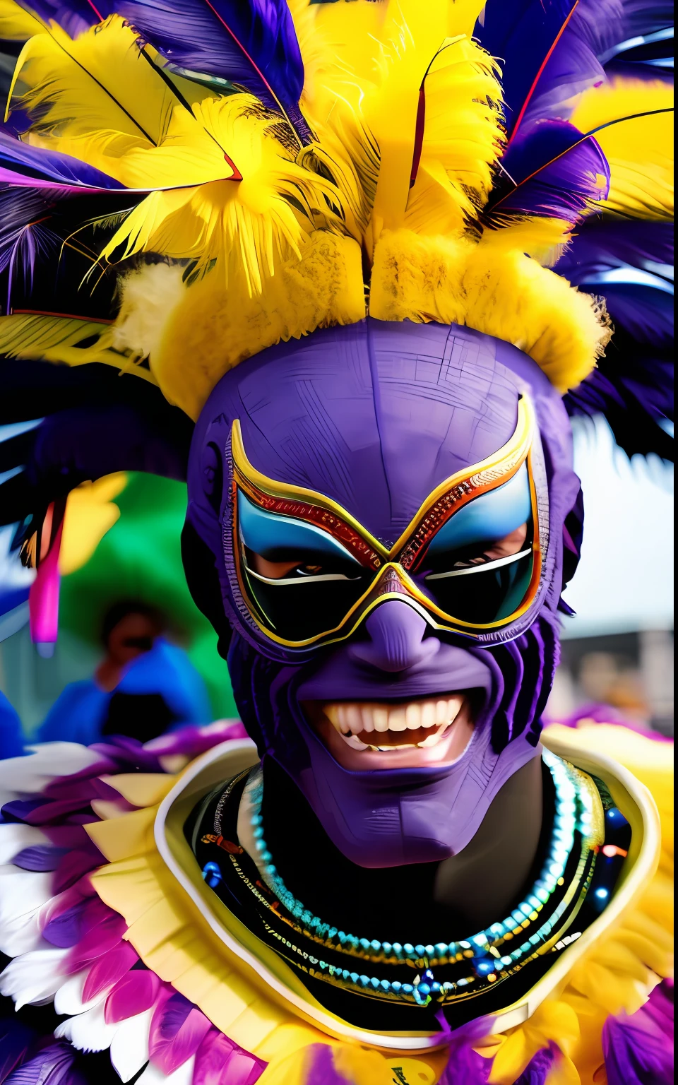 Spiderman with big eyes "I AM THE BIG CHIEF" while wearing an elaborate diverse colorful feathered costume, analog photo, muted saturation, celebration, carnival, picture taken with Sony - Cinema Line FX30 Super 35 Camera, CHV3CBigChief, black and purple color scheme, fixed in post, color corrected, Professional, masterpiece, commissioned, best quality, Color Corrected, fixed in post