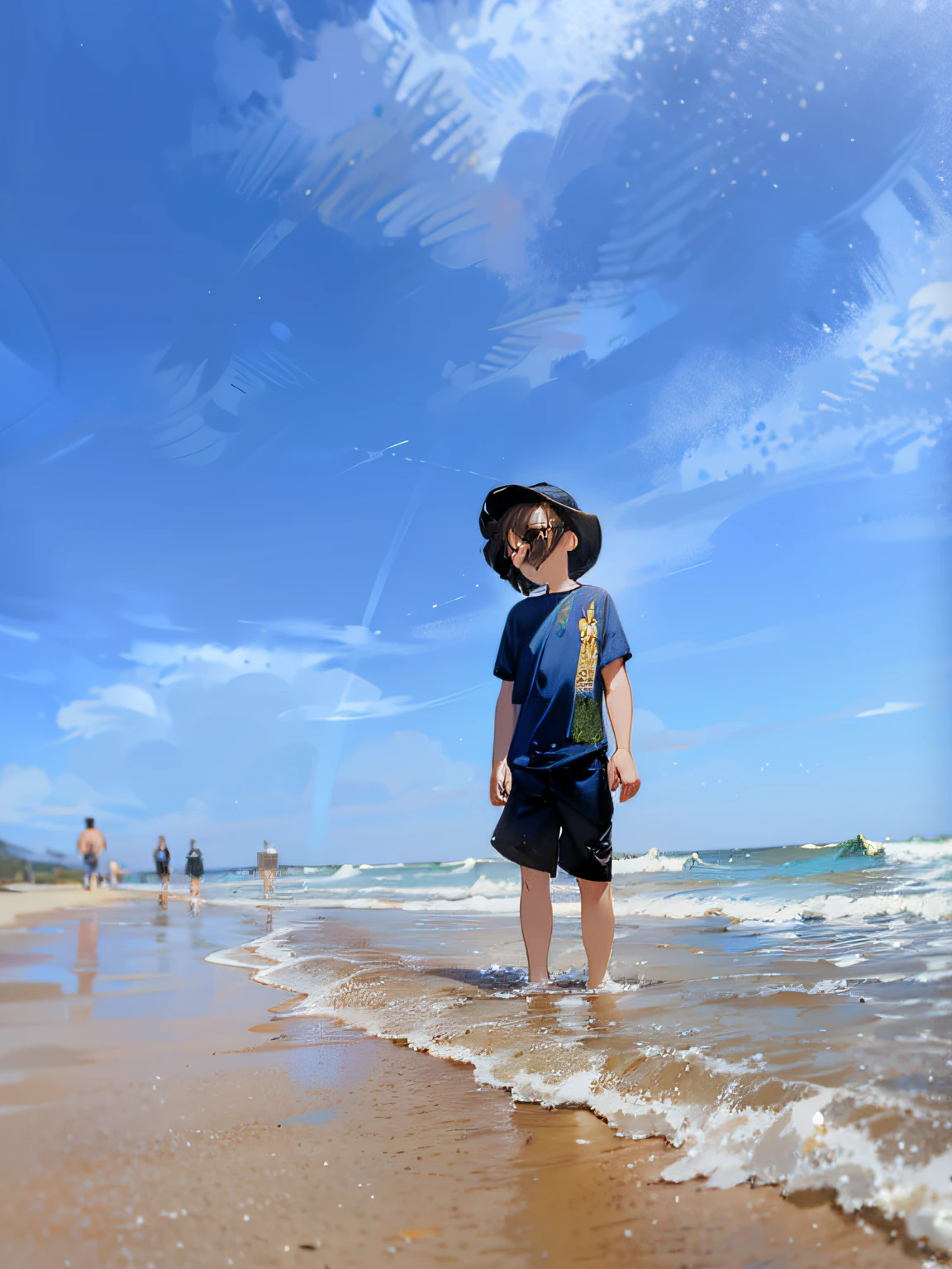There is a little boy standing in the water on the beach, sunny day at beach, standing at the beach, in the beach, personal profile picture, on  the  beach, Have by the sea, in beach, beach pic, Standing near the beach, vacation photo, On a sunny day, posing on a beach with the ocean, standing next to water, On a sunny beach