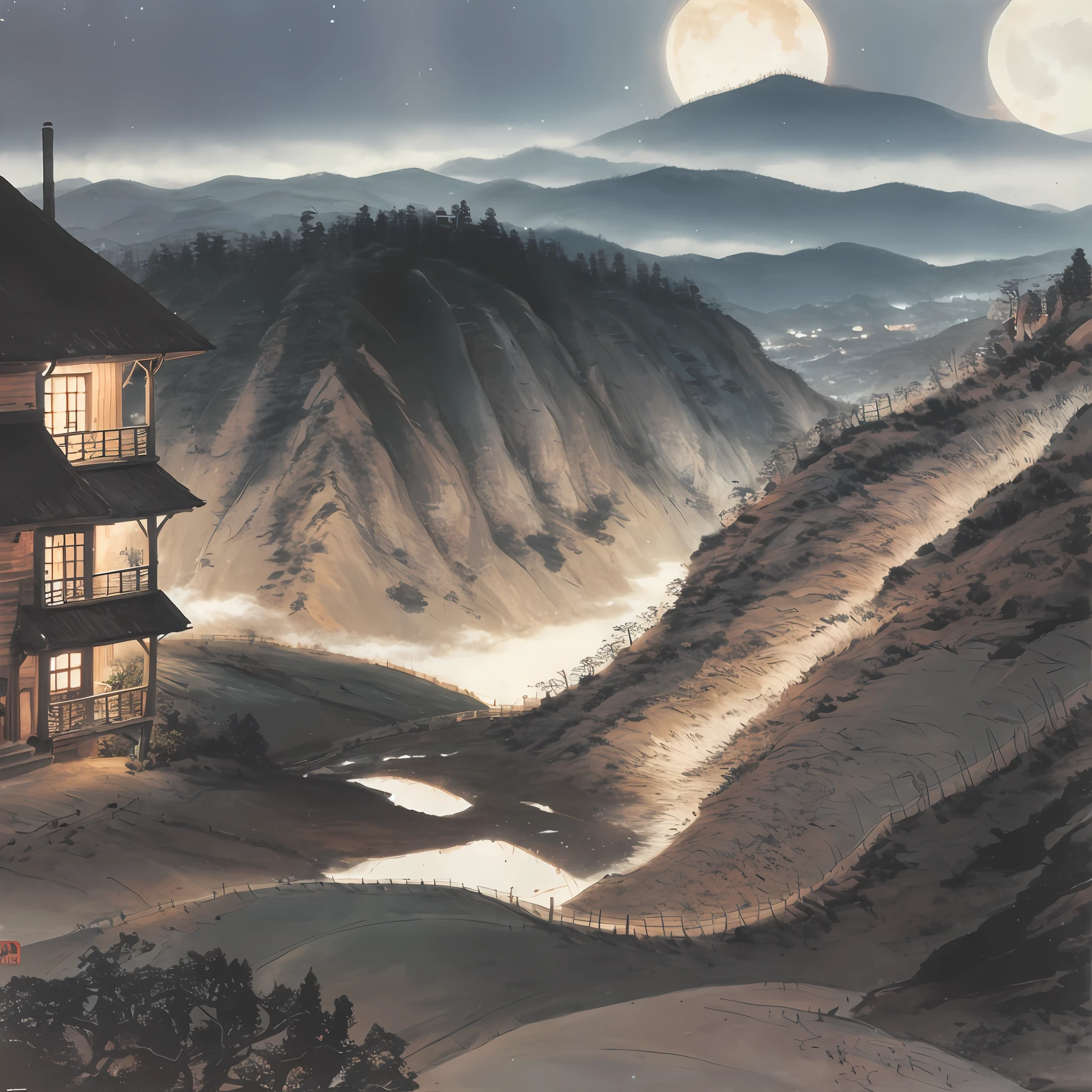 A small mountain village in the moonlight