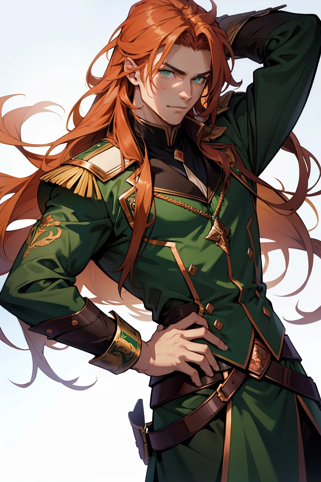 guy, copper long hair, green colored eyes, lean, ah high