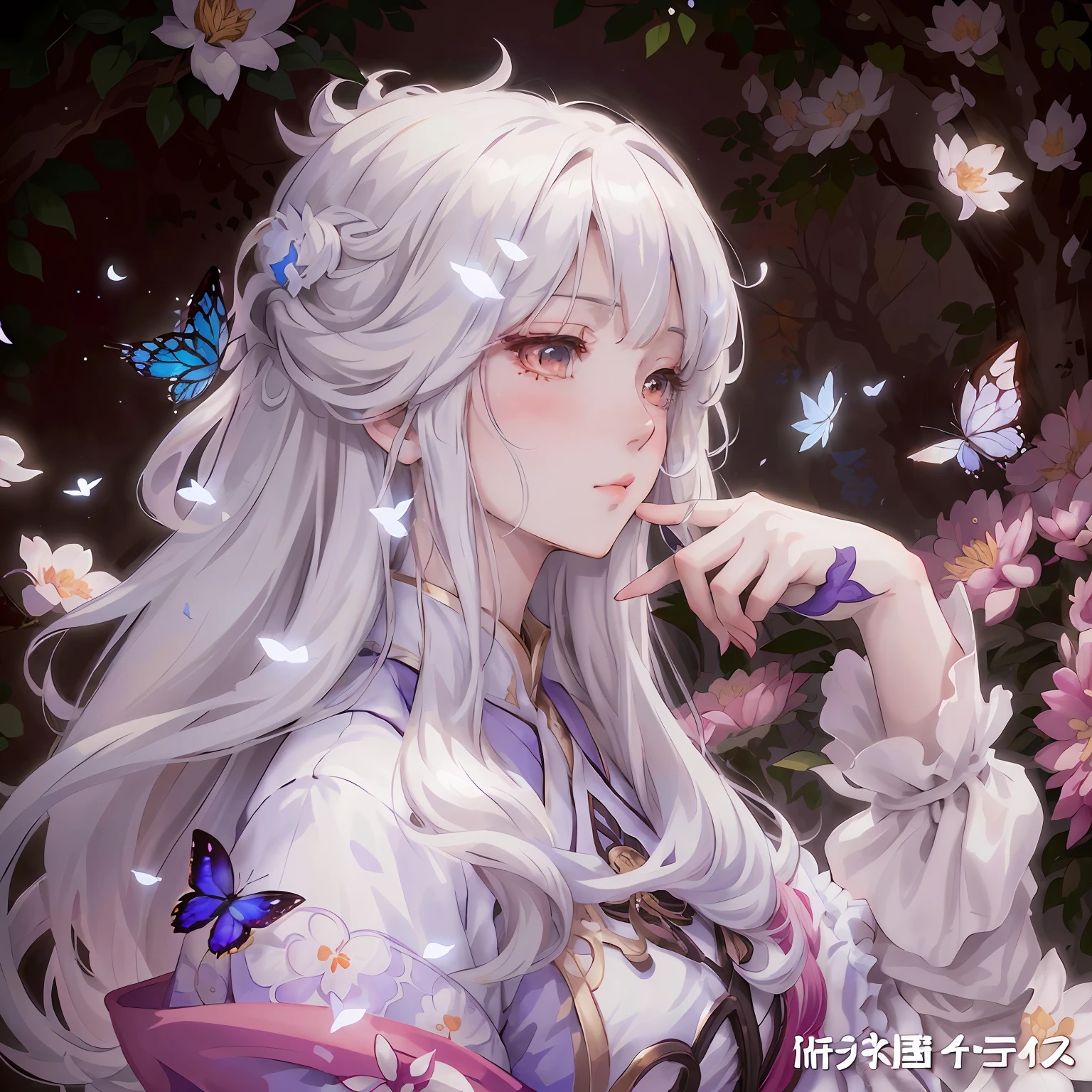 Anime girl with long white hair and butterflies in hand, White-haired god, a beautiful anime portrait, Detailed key anime art, ethereal anime, offcial art, Official artwork, high detailed official artwork, An anime cover, Detailed digital anime art, Beautiful anime art, Beautiful anime artwork, detailed anime art, Beautiful anime, anime girl profile, Keqing from Genshin Impact
