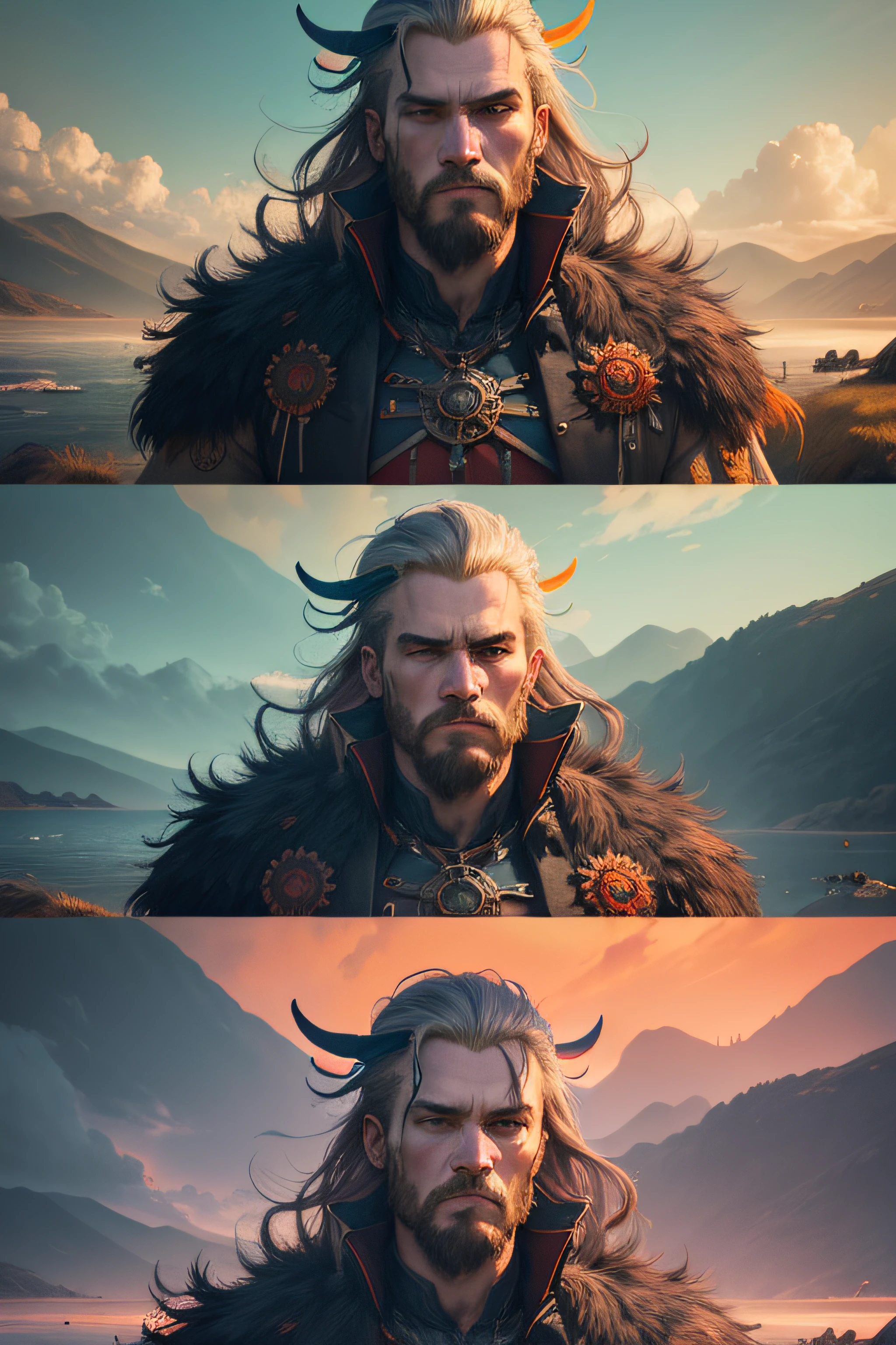 (masterpiece, best quality, highres) , concept art, modelshoot style shot of a Fascinating "The Great Heathen Army's invasion of England", electric orange and Neon background, Azure water, split diopter, Dragonpunk, specular lighting, ultra high res, art by Julius Theodor Christian Ratzeburg