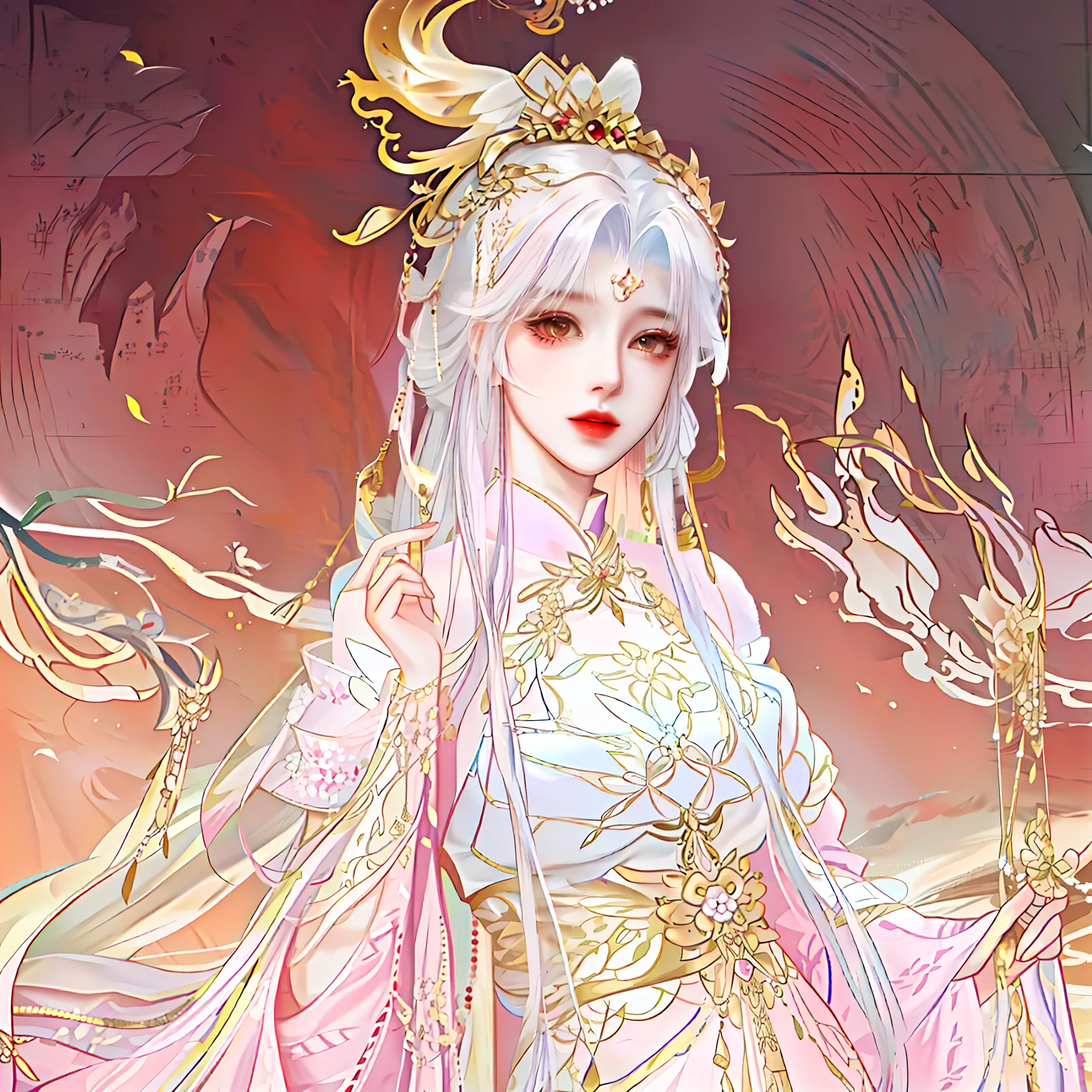 oriental girl,Works of masters,It is engaging and beautifully composed,Her figure is curvy,Enough to be a masterpiece。The painting is undoubtedly super detailed,Her figure is curvy,Best picture quality,Higher quality,high detal, 超高分辨率, 8K分辨率, depth of fields, cinematic photogtaphy, intricately details, carefully, meticuloso, glorious, max detail, extreme beautiful, (((1girll, 独奏))), A picture, tmasterpiece, (Best picture quality), Higher quality, high detal, 超高分辨率, in a panoramic view, Exquisite facial features, s the perfect face,Detailed digital anime art,Anime girl in pink dress,White hair and golden crown, a beautiful fantasy empress, ((a beautiful fantasy empress)), Palace , A girl in Hanfu, drak, Inspired by Lan Ying, White-haired god, Inspired by Qiu Ying, Princesa chinesa antiga, Inspired by Huang Ji, Goddess. Extremely high detail,