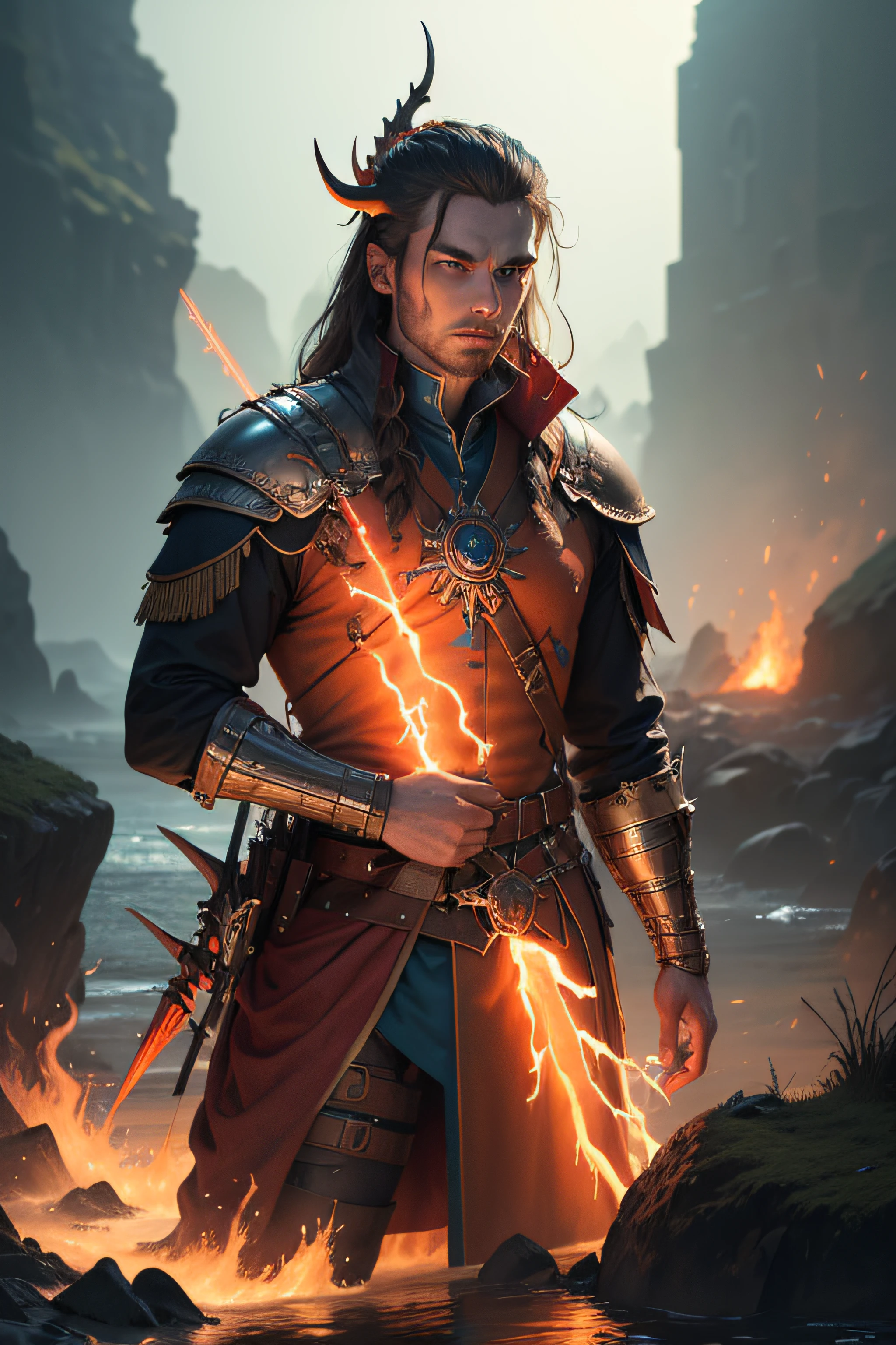 (masterpiece, best quality, highres) , concept art, modelshoot style shot of a Fascinating "The Great Heathen Army's invasion of England", electric orange and Neon background, Azure water, split diopter, Dragonpunk, specular lighting, ultra high res, art by Julius Theodor Christian Ratzeburg