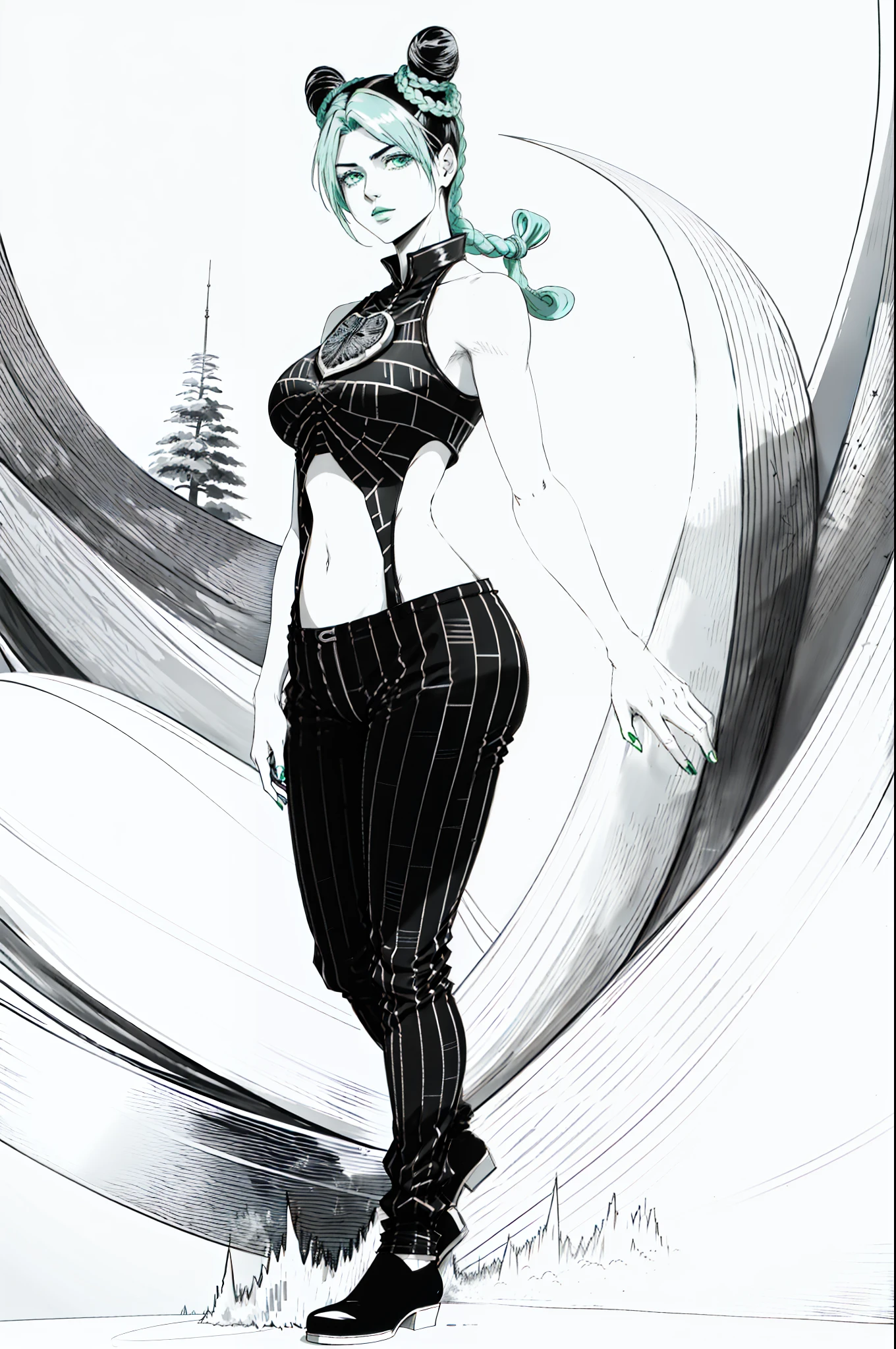 Monochrome line drawings,tmasterpiece, Best quality at best, 1girll, 独奏, der riese, der riese, (((Towering over the landscape)))), (full bodyesbian), 1girll, Joleen Jojo, A half body,Elevation perspective, number art, tmasterpiece, Green and blue hair, croped, 无袖, wearing pants,Victory gesture
