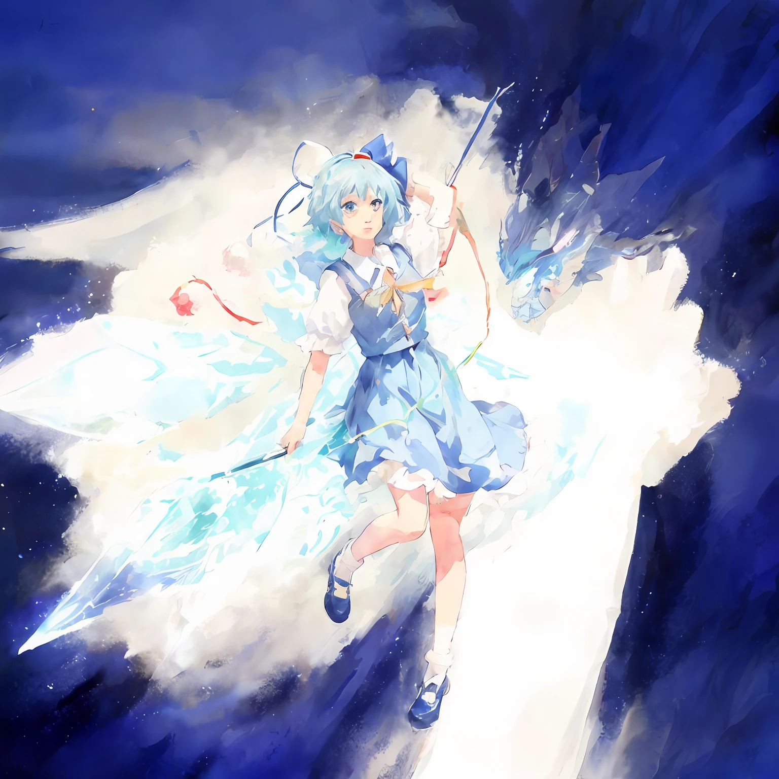 Anime girl with blue hair and blue dress holding blue umbrella, cirno touhou, cirno from touhou, cirno, from touhou, touhou character, an anime portrait of cirno, touhou project, Touhou, zerochan art, 《Ghost Wind Special Assault Team》The art of pixels, touhou project official artwork, style of magical girl, magical little girl